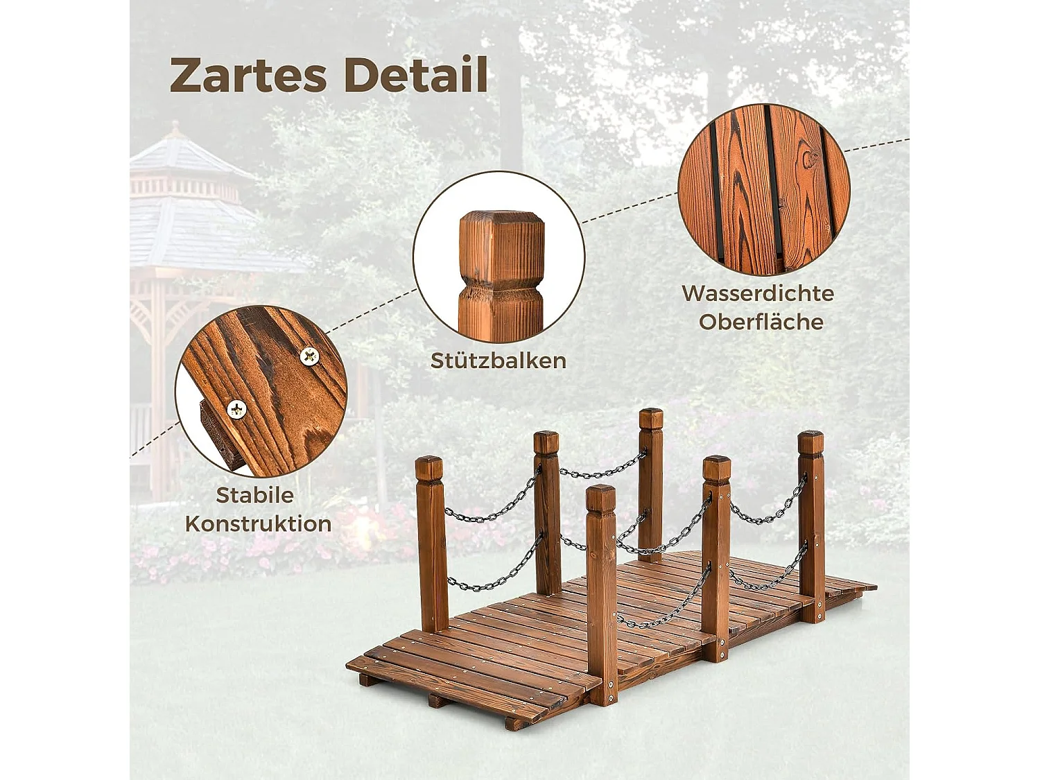 Houten brug met leuning, tuinbrug, vijverbrug, sierbrug, belastbaar tot 120 kg, decoratieve brug voor tuin, vijver, 151 x 67 x 55 cm Houten brug, sierbrug (bruin)