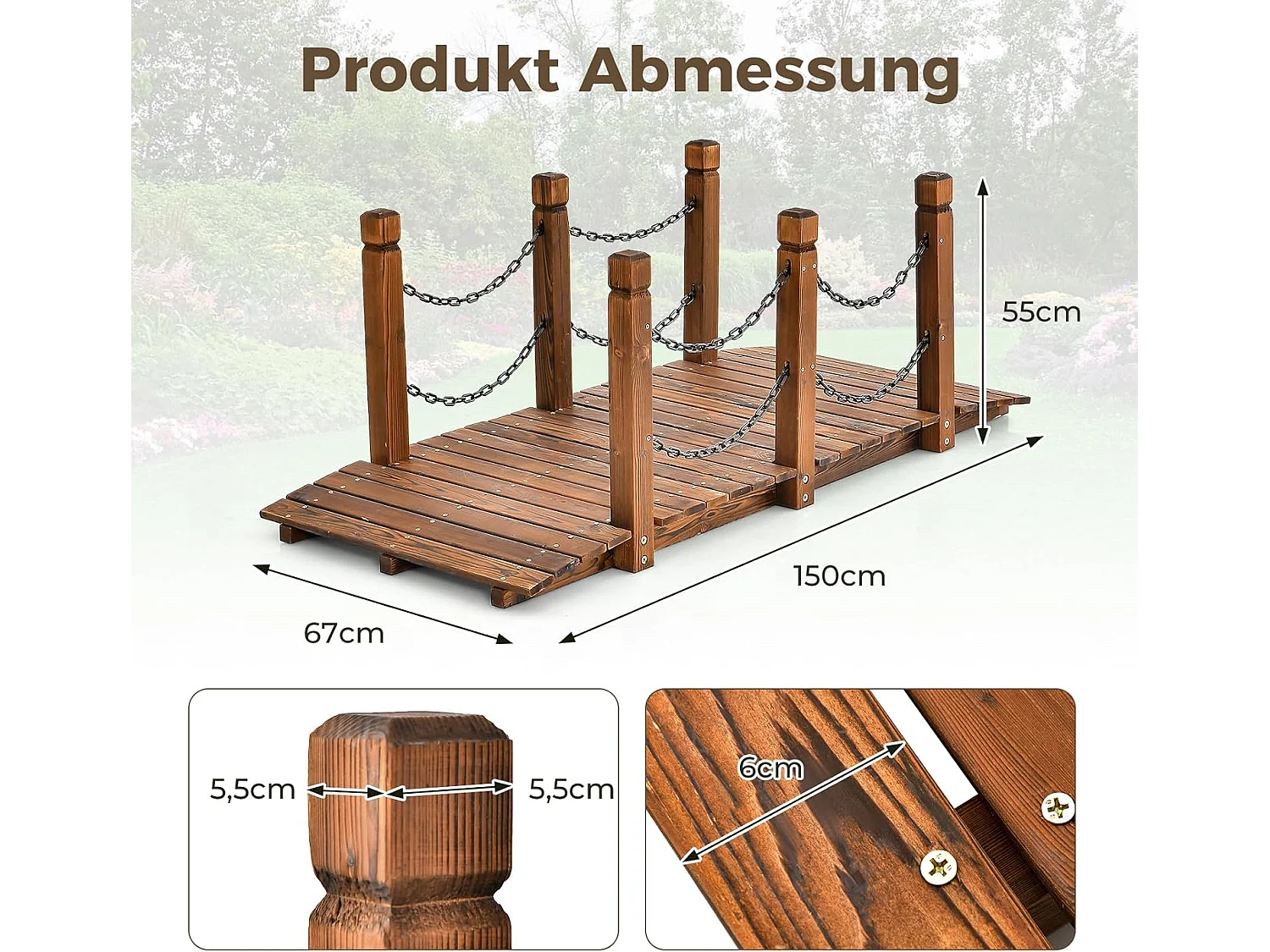 Houten brug met leuning, tuinbrug, vijverbrug, sierbrug, belastbaar tot 120 kg, decoratieve brug voor tuin, vijver, 151 x 67 x 55 cm Houten brug, sierbrug (bruin)