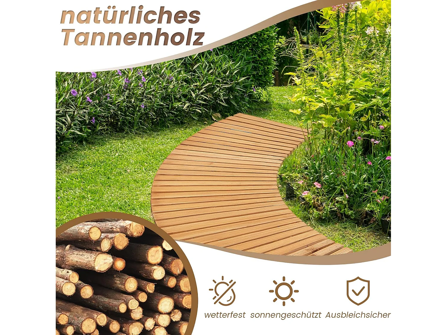 Uitrolbaar tuinpad, hout, gebogen houten pad voor tuin, rolpad met metaaldraad en antislip oppervlak, looppad, houten pad, tuintrap, 216 x 53 cm SF6330