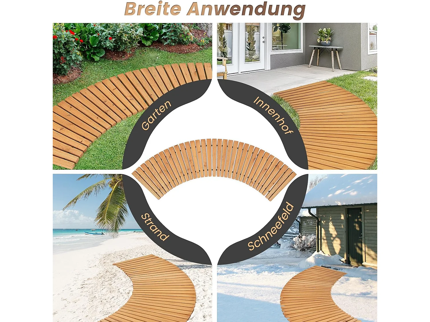 Uitrolbaar tuinpad, hout, gebogen houten pad voor tuin, rolpad met metaaldraad en antislip oppervlak, looppad, houten pad, tuintrap, 216 x 53 cm SF6330