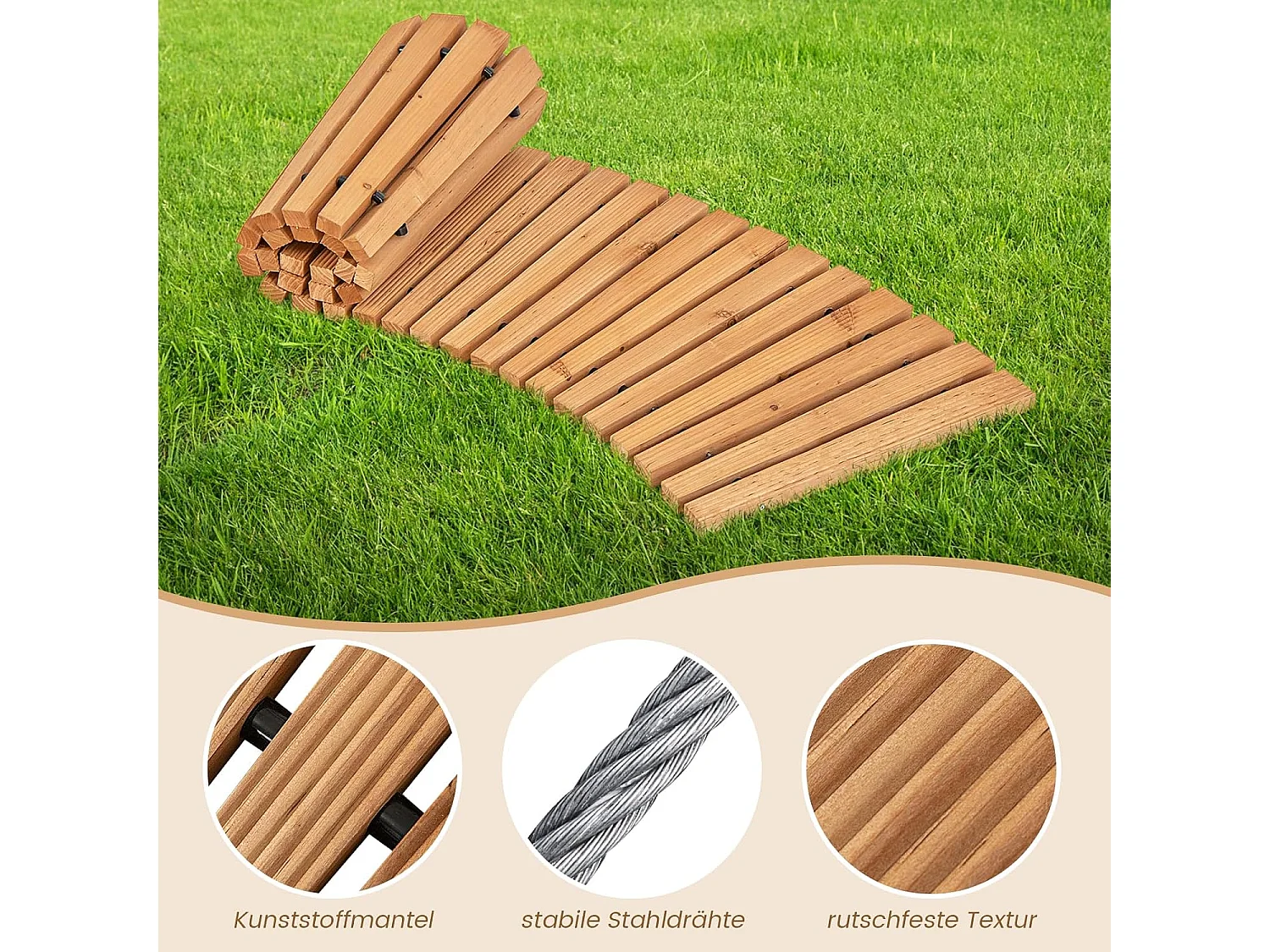 Uitrolbaar tuinpad, hout, gebogen houten pad voor tuin, rolpad met metaaldraad en antislip oppervlak, looppad, houten pad, tuintrap, 216 x 53 cm SF6330