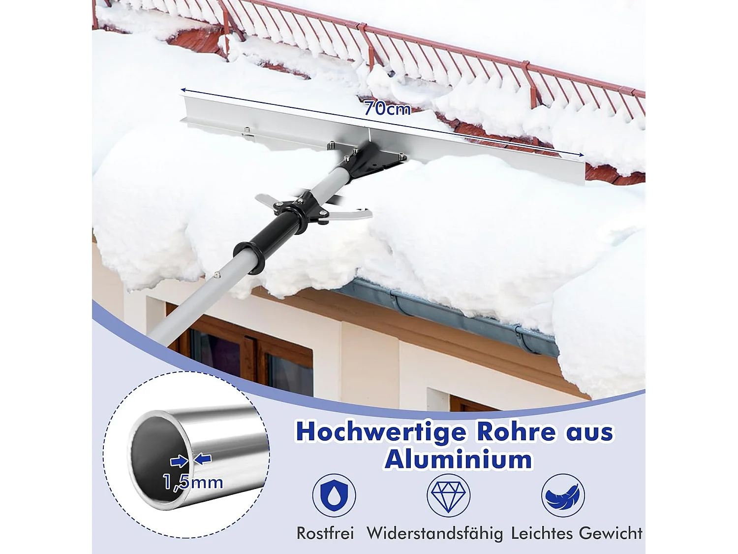 Sneeuwschep dak met rubberen lip & inklapbaar sneeuwschild, van aluminium, sneeuwschuiver, instelbereik 192-634 cm, sneeuwruimer voor zonne-installatie en dak