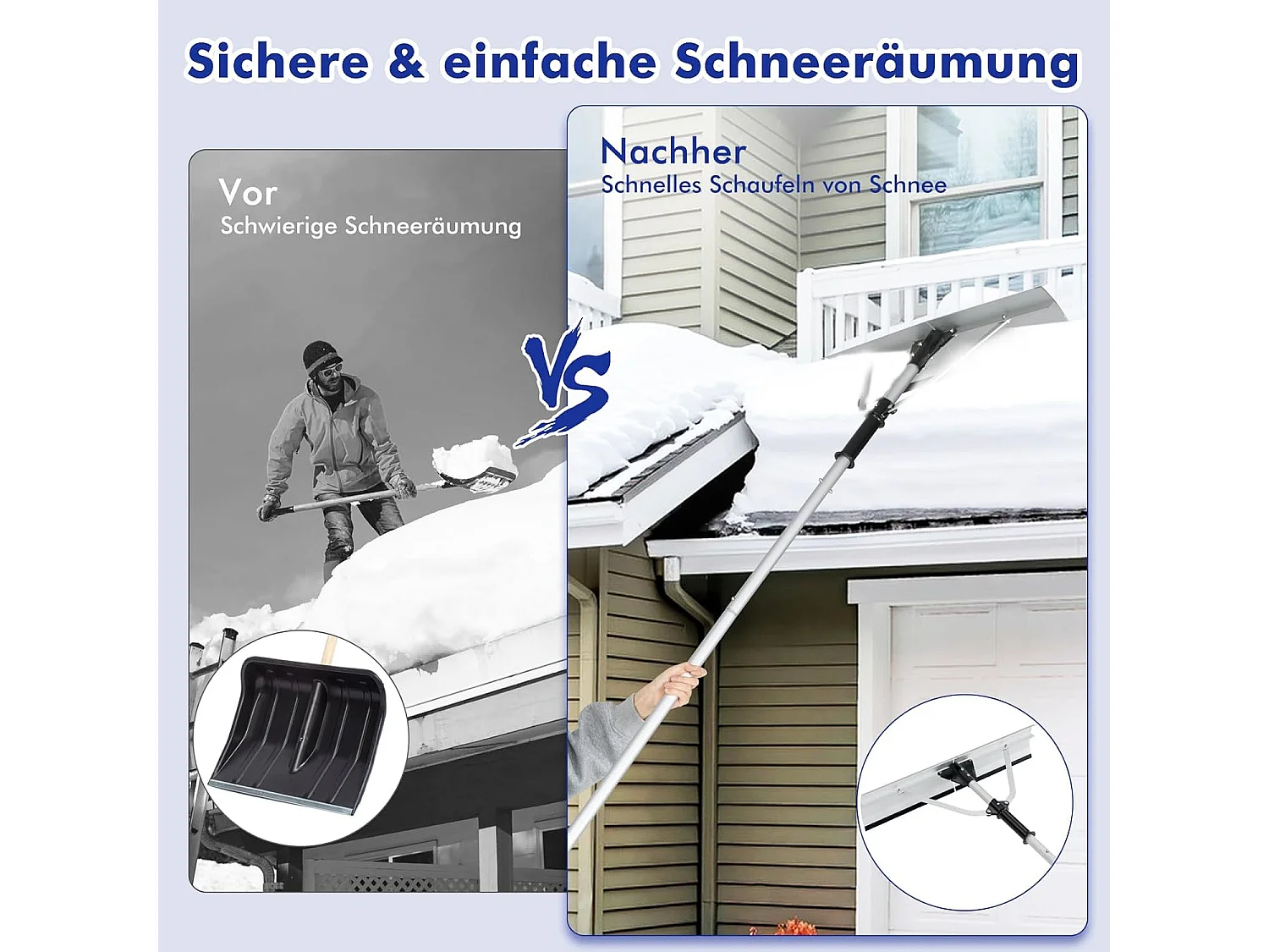 Sneeuwschep dak met rubberen lip & inklapbaar sneeuwschild, van aluminium, sneeuwschuiver, instelbereik 192-634 cm, sneeuwruimer voor zonne-installatie en dak