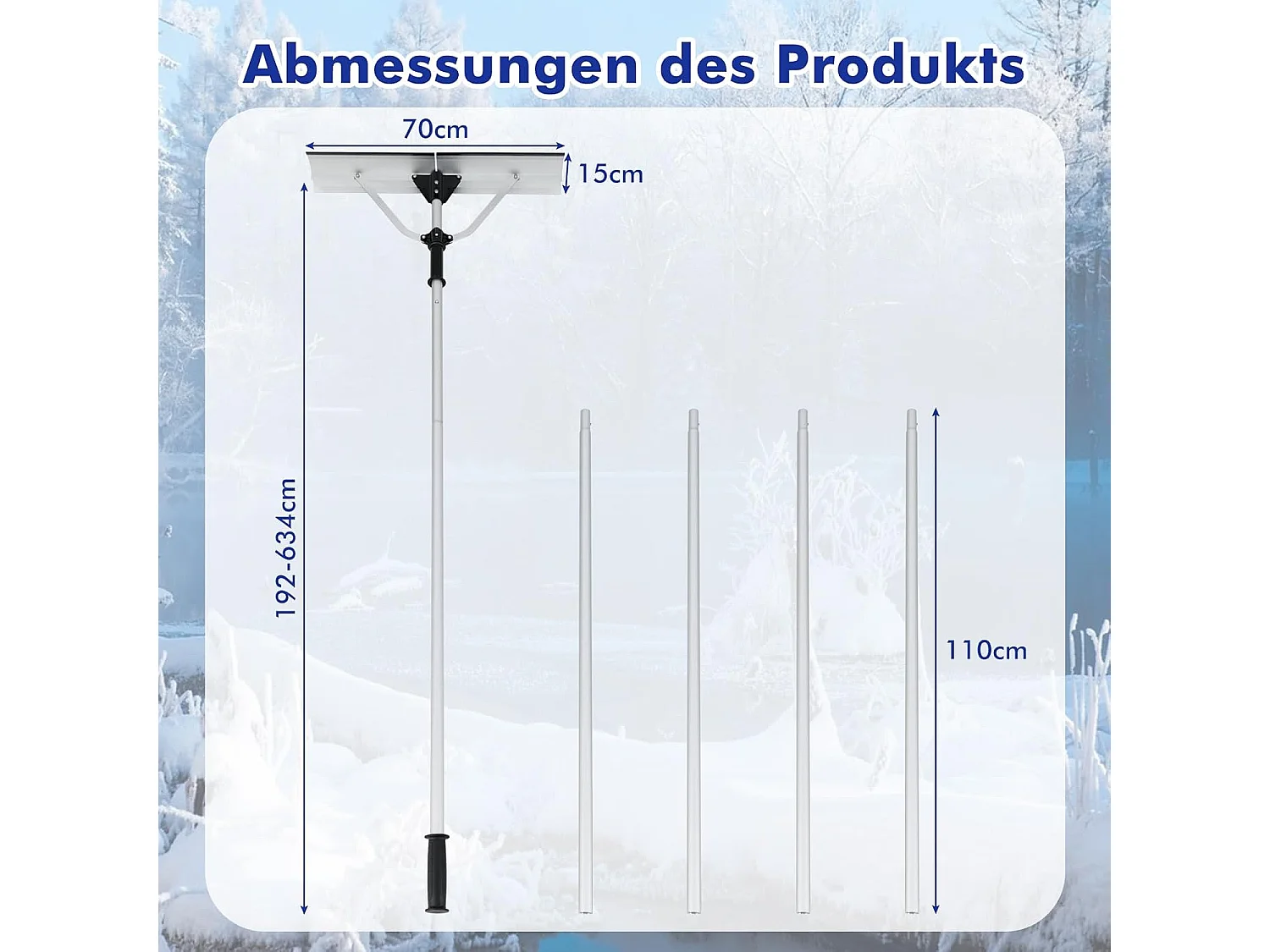 Sneeuwschep dak met rubberen lip & inklapbaar sneeuwschild, van aluminium, sneeuwschuiver, instelbereik 192-634 cm, sneeuwruimer voor zonne-installatie en dak