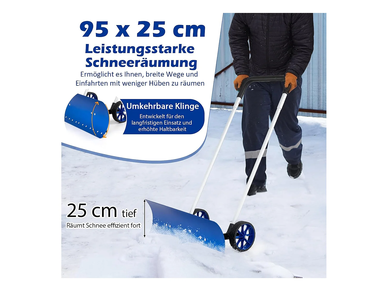 Sneeuwschep op wielen, in hoogte verstelbaar, sneeuwschuiver met aan beide zijden hellend lemmet, sneeuwruimer, sneeuwschild 95 cm, ZB34356