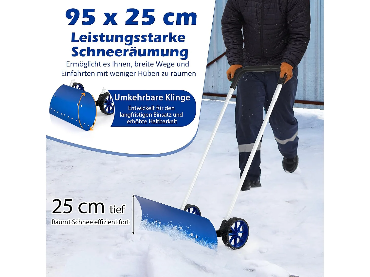 Sneeuwschep op wielen, in hoogte verstelbaar, sneeuwschuiver met aan beide zijden hellend lemmet, sneeuwruimer, sneeuwschild 95 cm, ZB34356