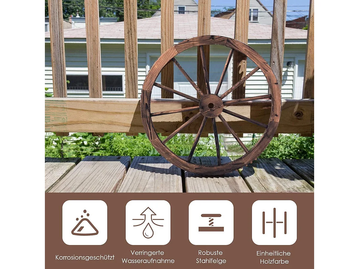 Autowiel, 2-delige set, bruin, houten wiel met plaatstaal, houten wagen, decoratief Wagon wiel, 76x76x3,5 cm