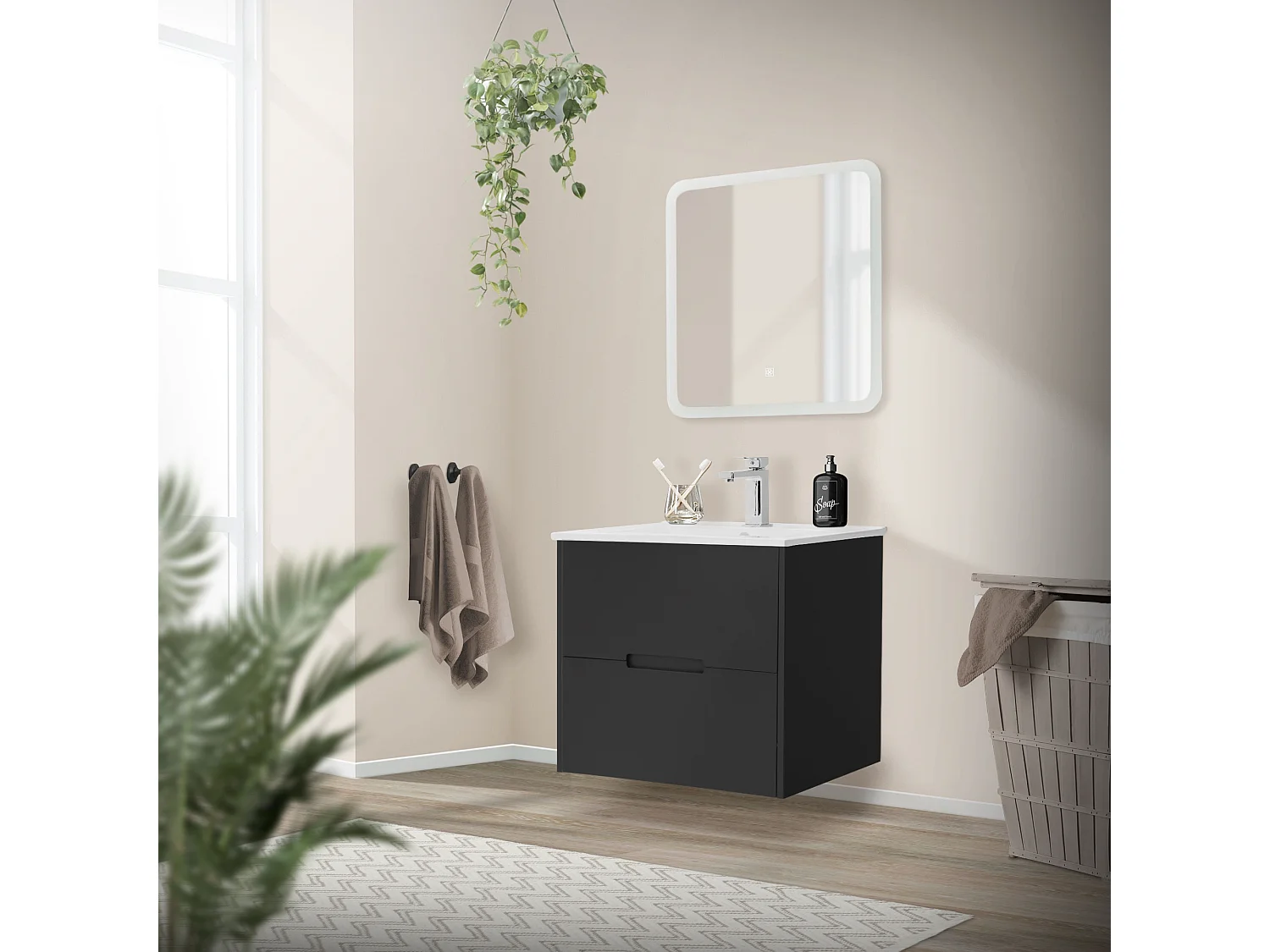 2 Pièces meuble salle de bain armoire bas gris 59x45x54cm lavabo blanc céramique
