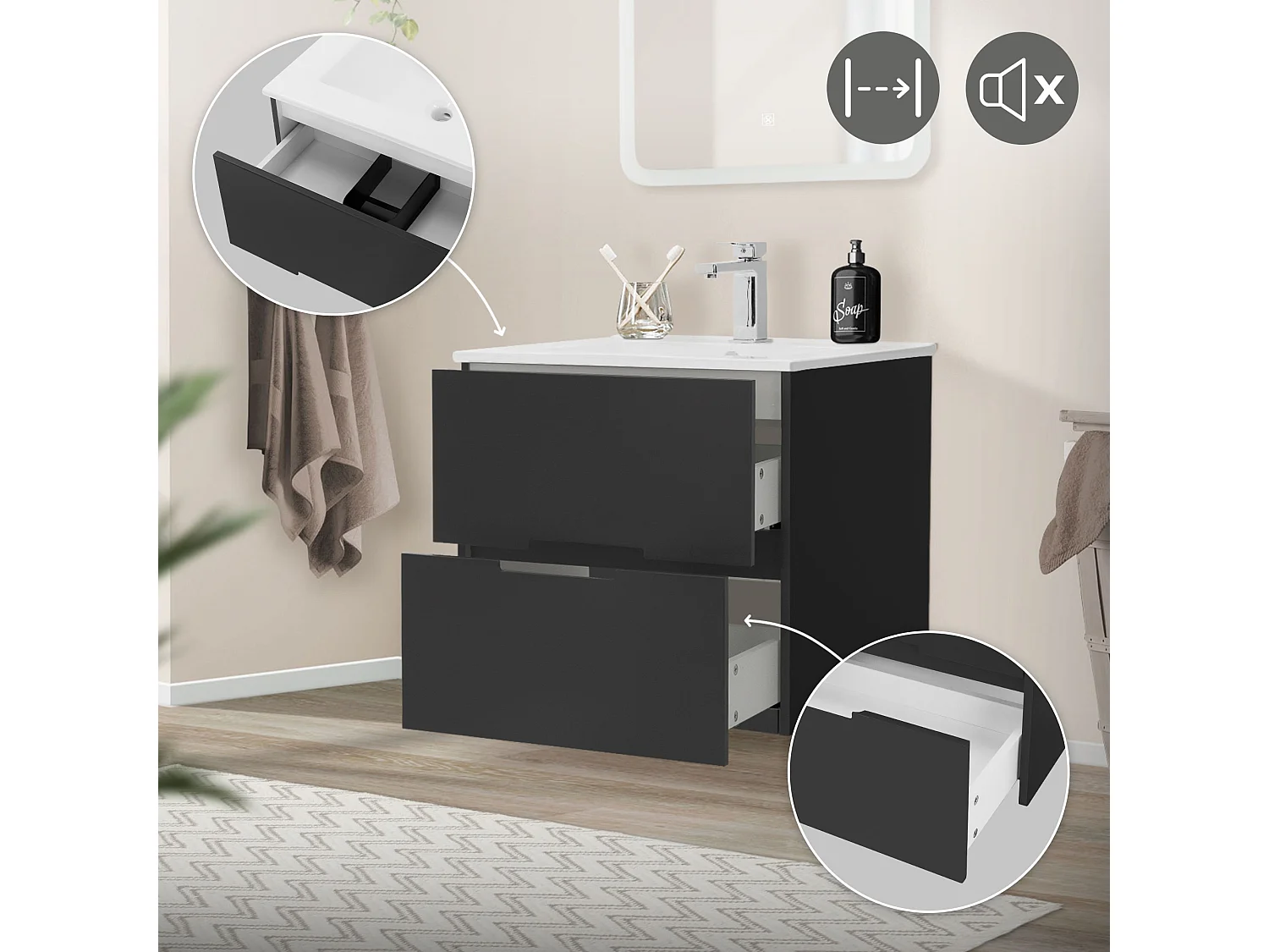 2 Pièces meuble salle de bain armoire bas gris 59x45x54cm lavabo blanc céramique