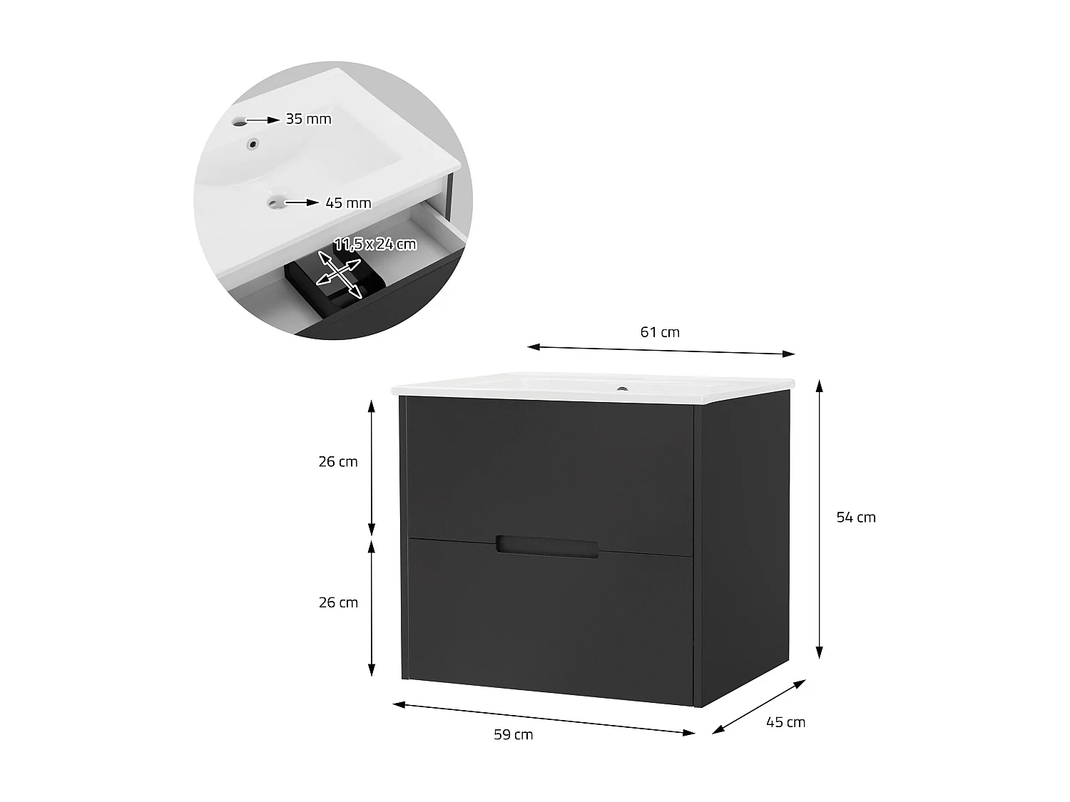 2 Pièces meuble salle de bain armoire bas gris 59x45x54cm lavabo blanc céramique