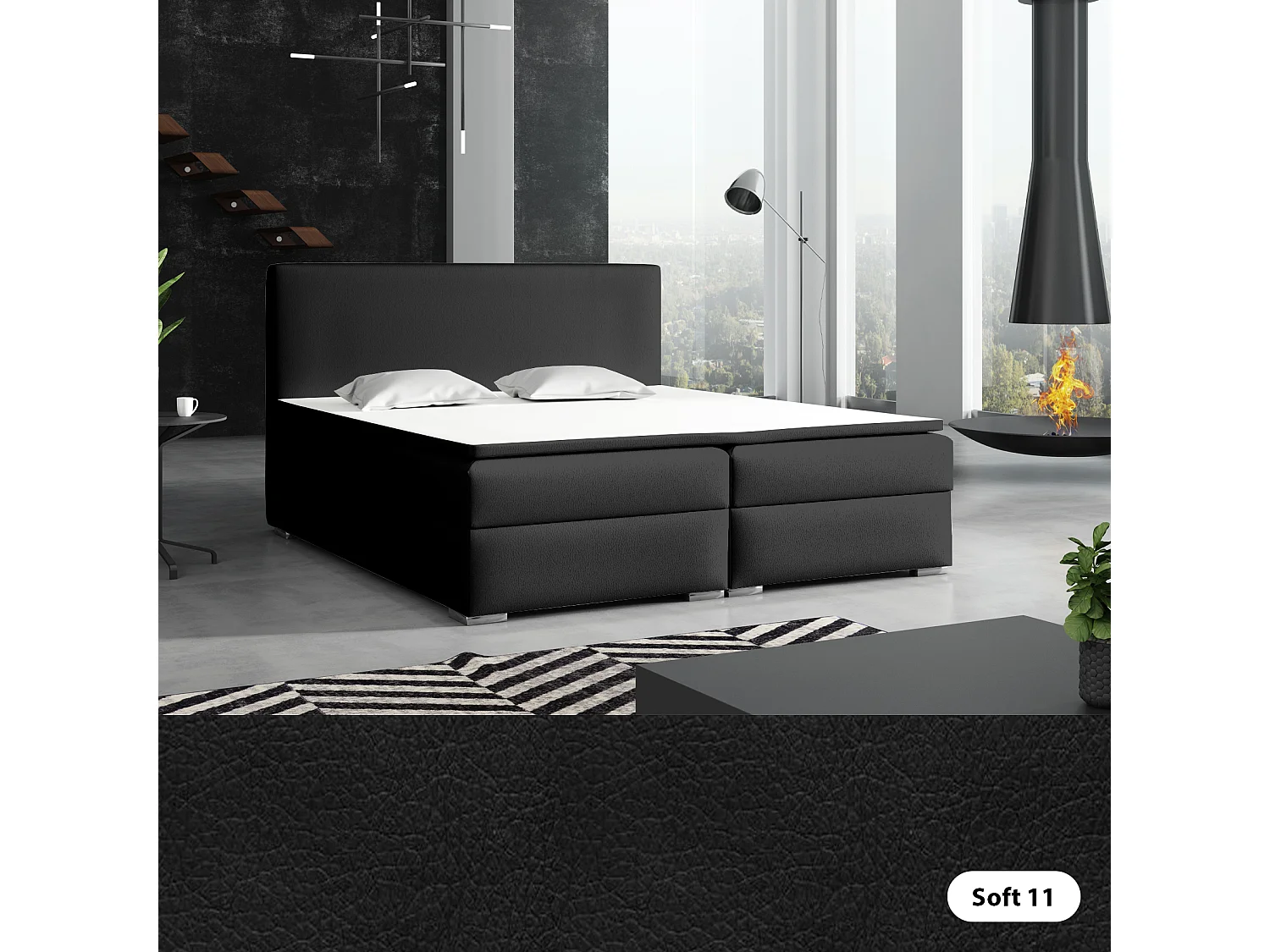 LIT BOXSPRING avec surmatelas Soler 200x200 cm, Soft 11 (Noir)