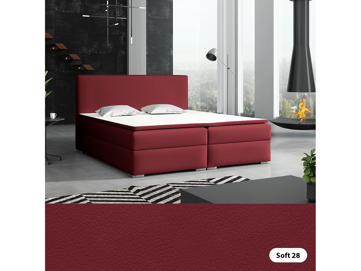 LIT BOXSPRING avec surmatelas Soler 200x200 cm, Soft 28 (Bordeaux)