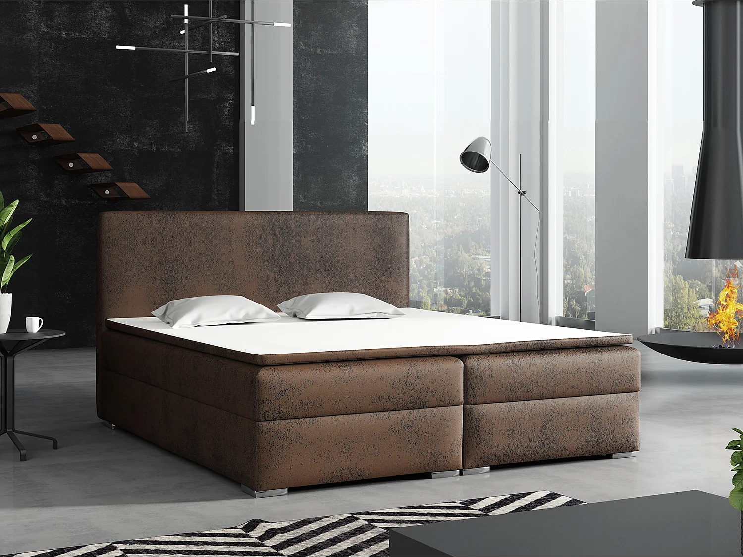 BOXSPRINGBETT mit Topper Soler 200x200 cm, Gobi 03 (Braun Lederoptik)