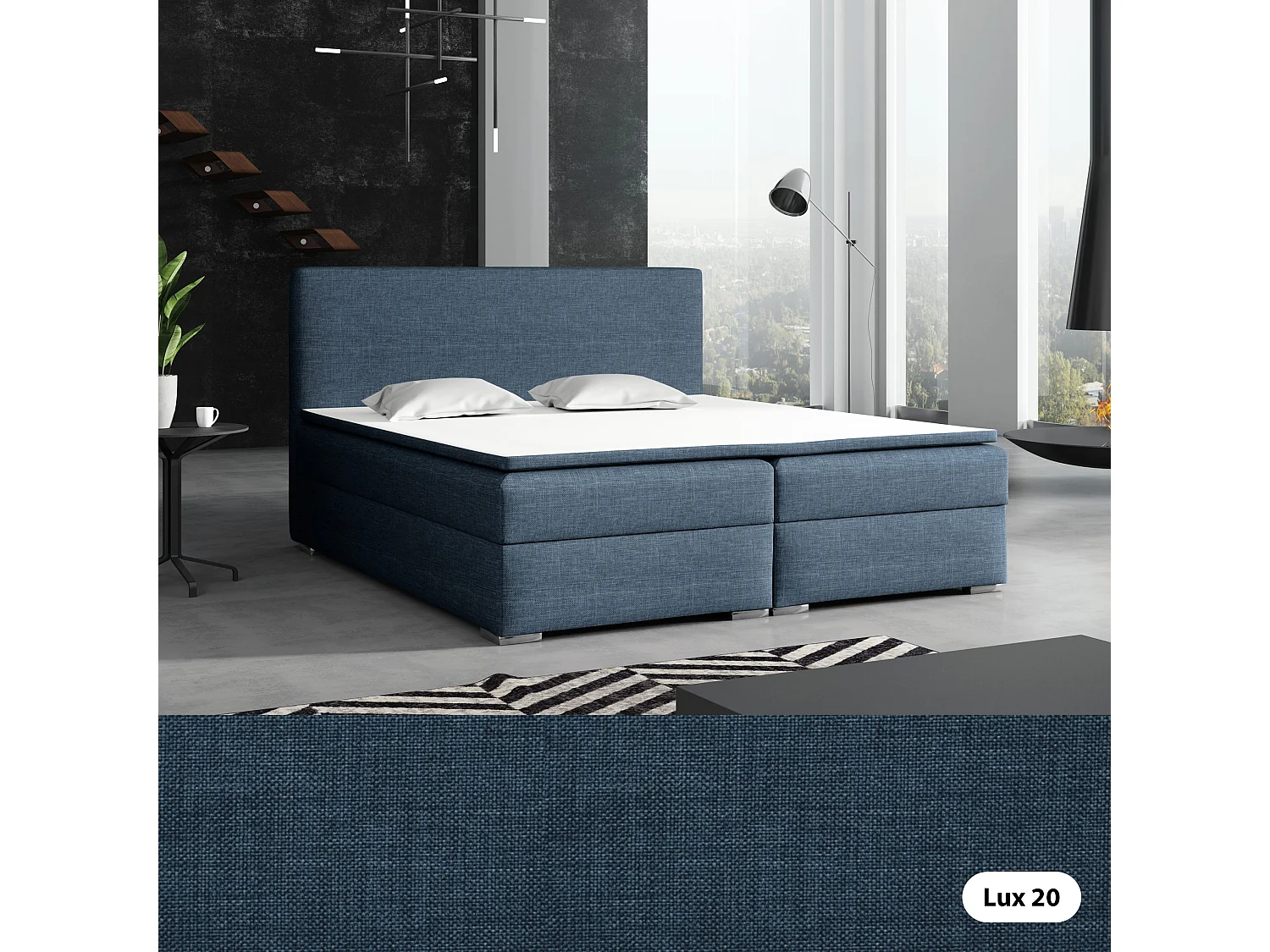 LIT BOXSPRING avec surmatelas Soler 180x200 cm, Lux 20 (Bleu jean)