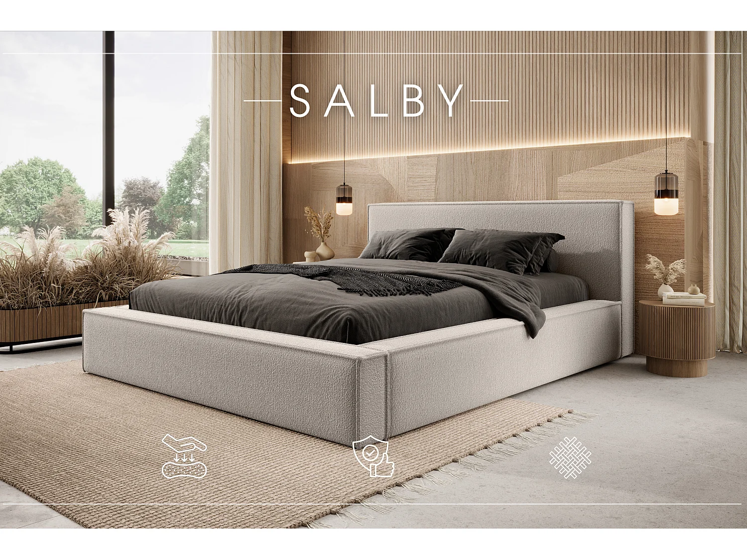 LIT TAPISSÉ avec coffre et matelas Salby 200x200 cm, Beige