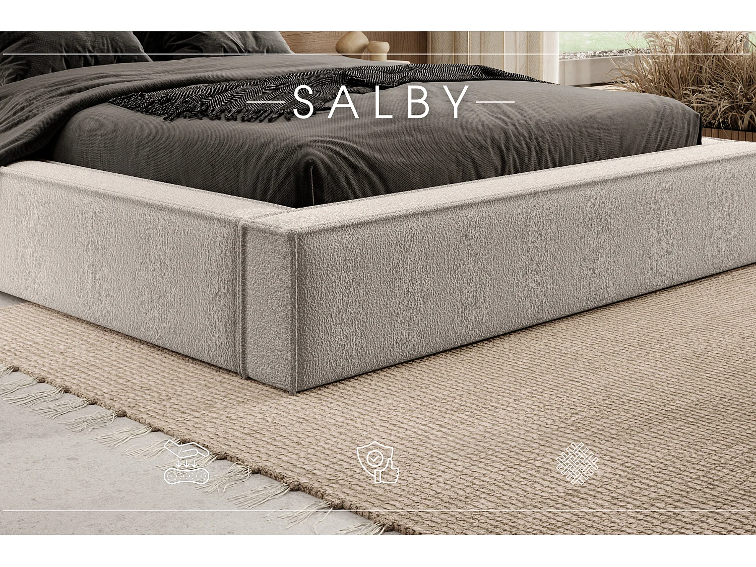 LIT TAPISSÉ avec coffre et matelas Salby 200x200 cm, Beige