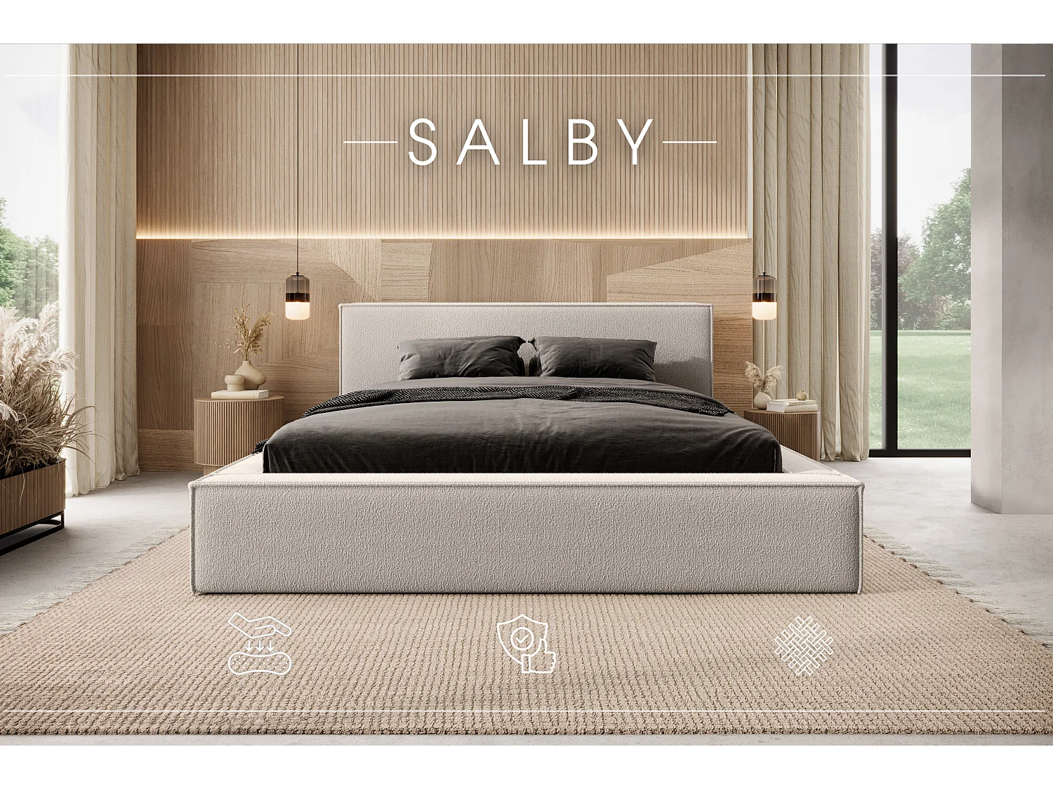 LIT TAPISSÉ avec coffre et matelas Salby 200x200 cm, Beige