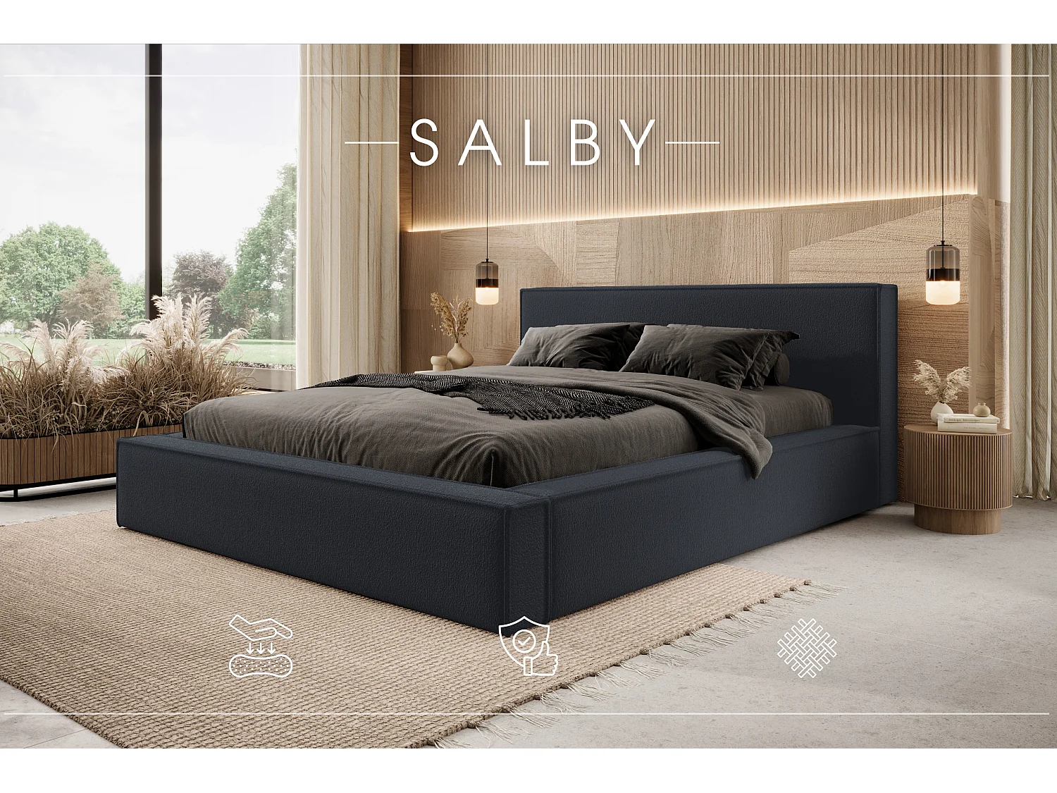 LIT TAPISSÉ avec coffre et matelas Salby 160x200 cm, Gris foncé