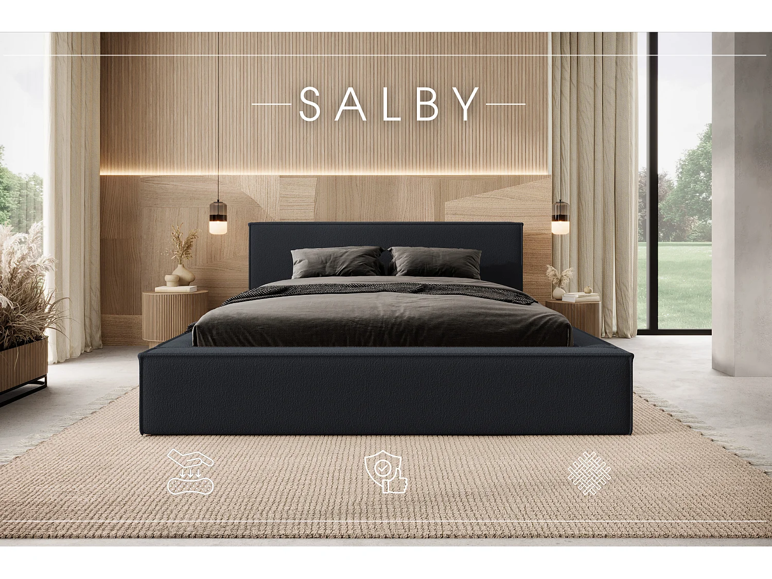 LIT TAPISSÉ avec coffre et matelas Salby 160x200 cm, Gris foncé