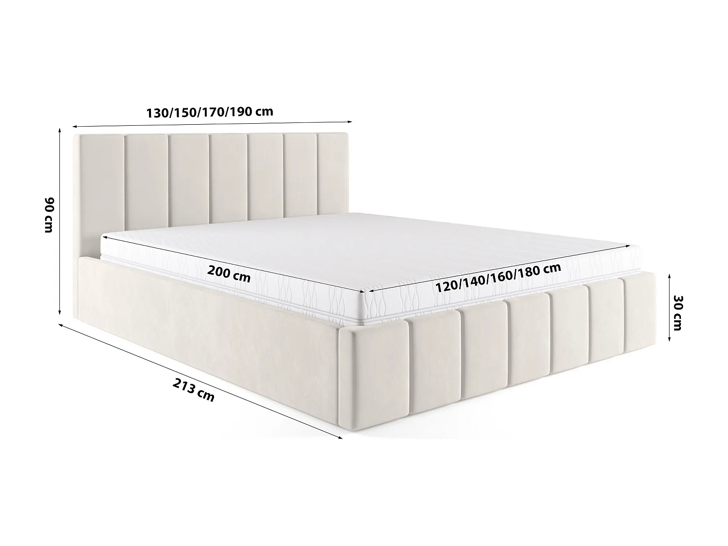 LIT TAPISSÉ avec matelas Pescara Crème 140x200 cm