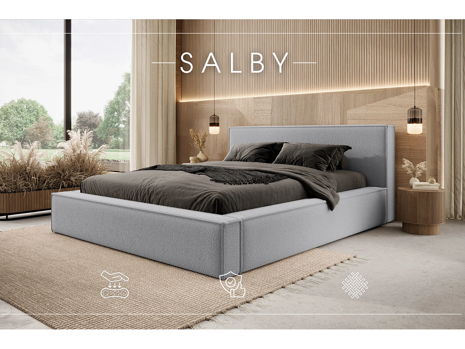 LIT TAPISSÉ avec coffre et matelas Salby 180x200 cm, Gris