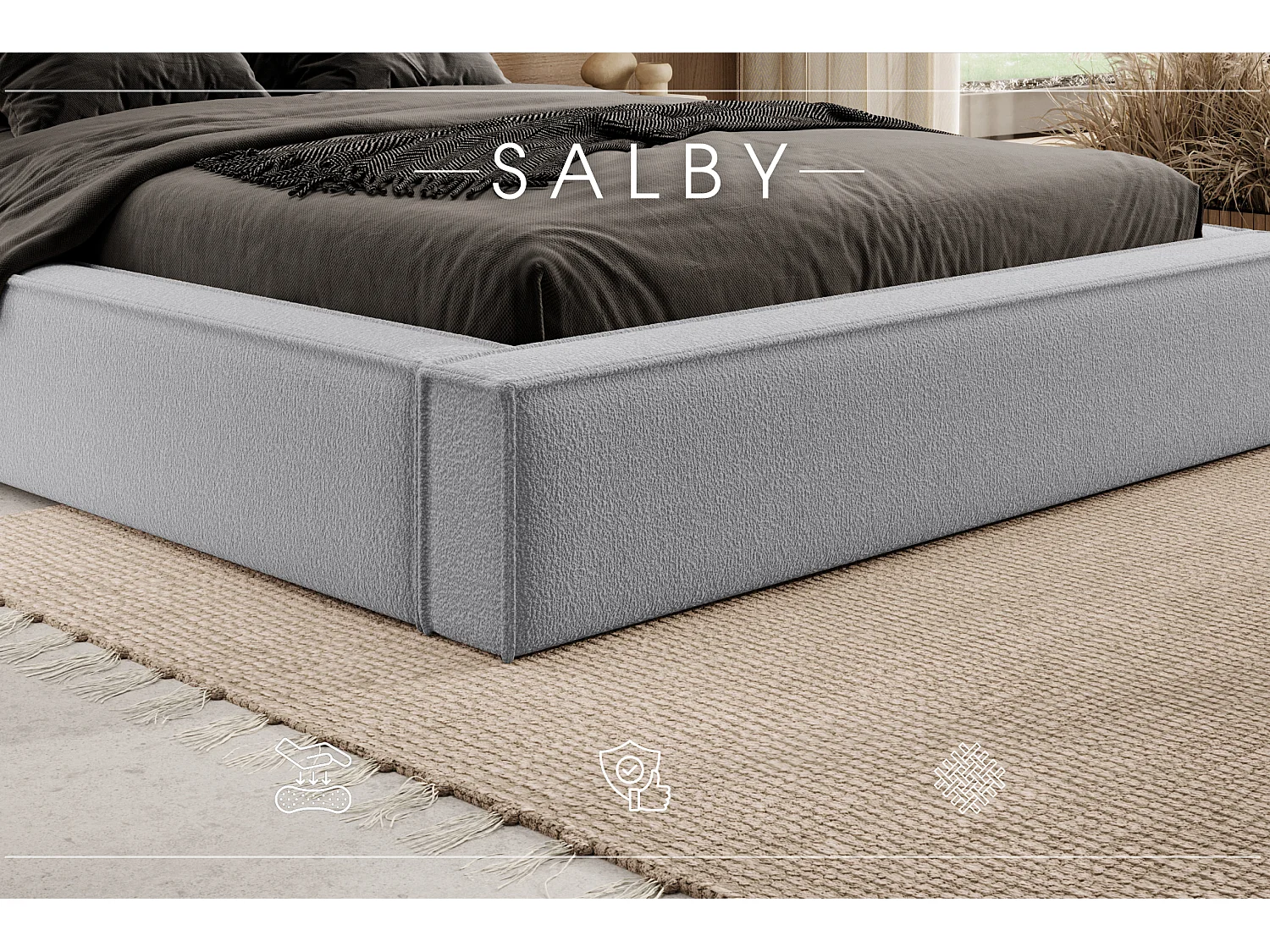 LIT TAPISSÉ avec coffre et matelas Salby 180x200 cm, Gris