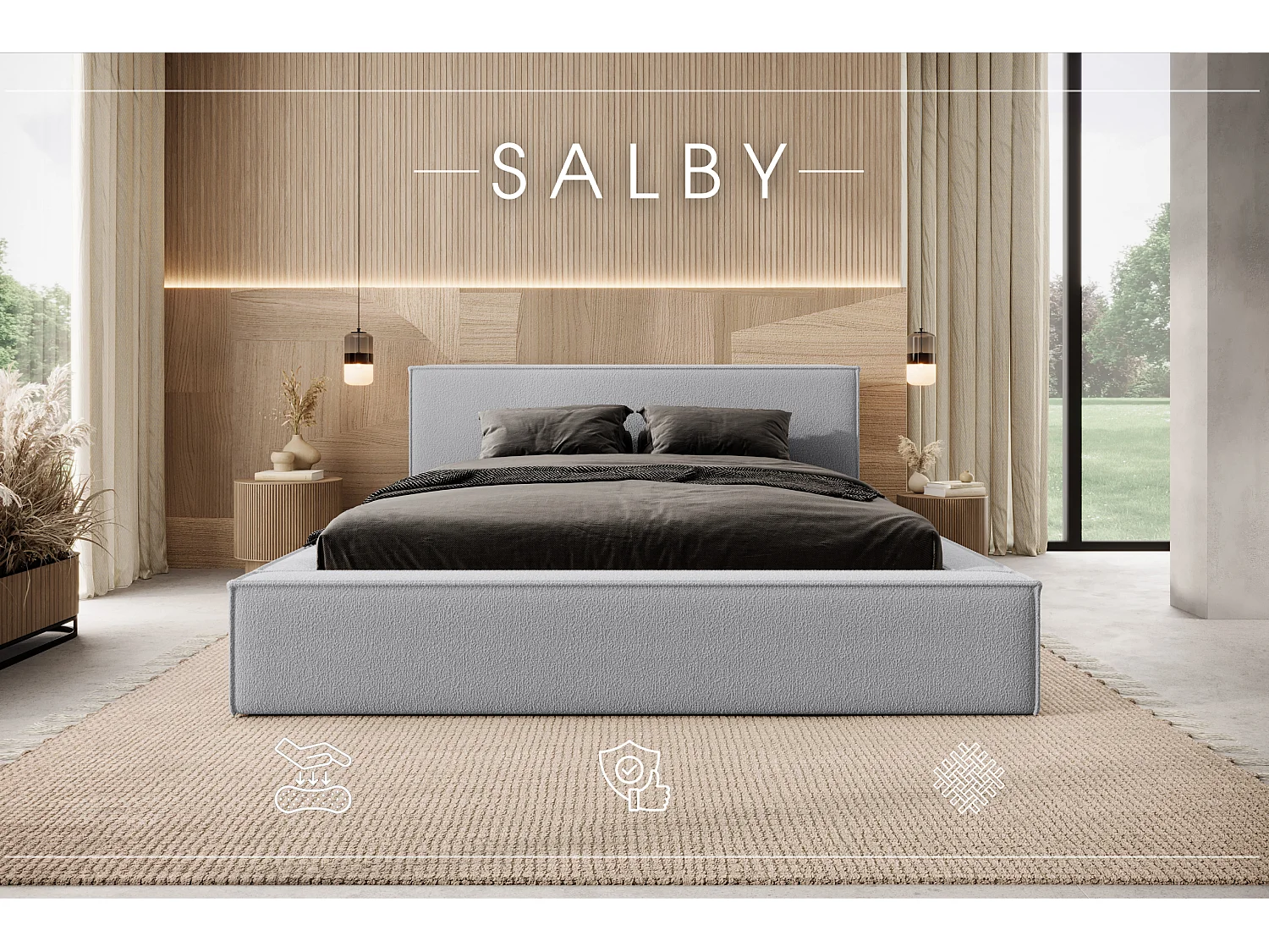 LIT TAPISSÉ avec coffre et matelas Salby 180x200 cm, Gris