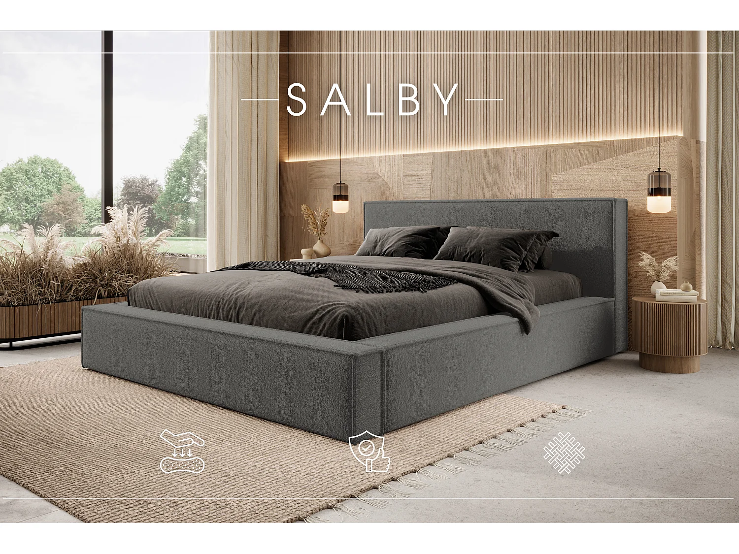 LIT TAPISSÉ avec coffre et matelas Salby 140x200 cm, Marron/Gris