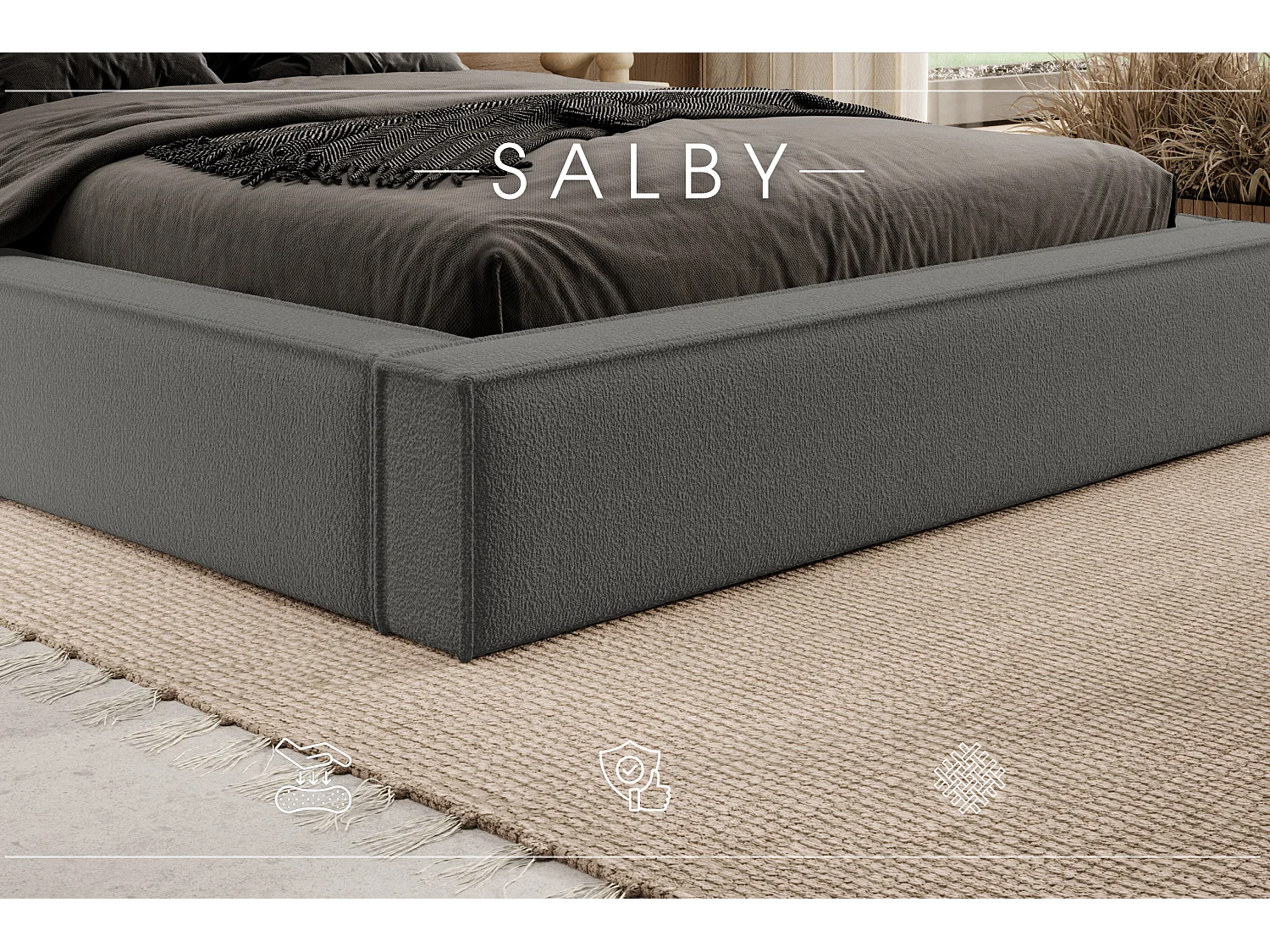 LIT TAPISSÉ avec coffre et matelas Salby 140x200 cm, Marron/Gris