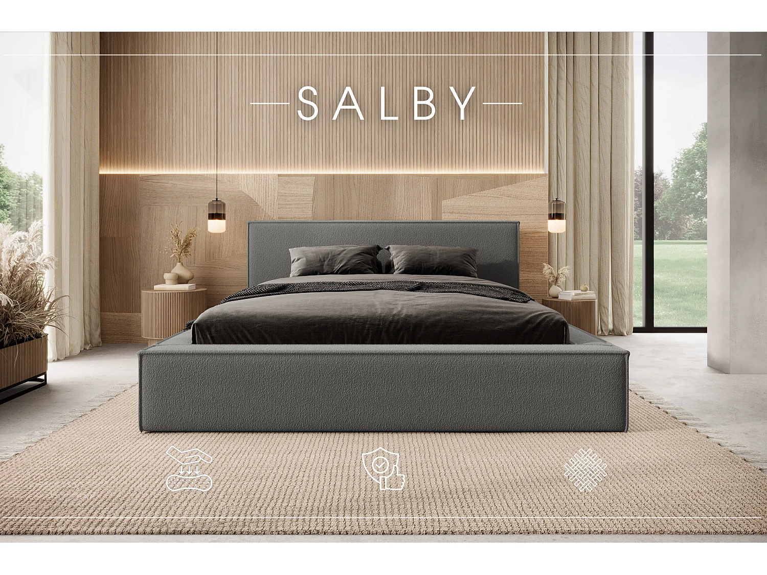 LIT TAPISSÉ avec coffre et matelas Salby 140x200 cm, Marron/Gris