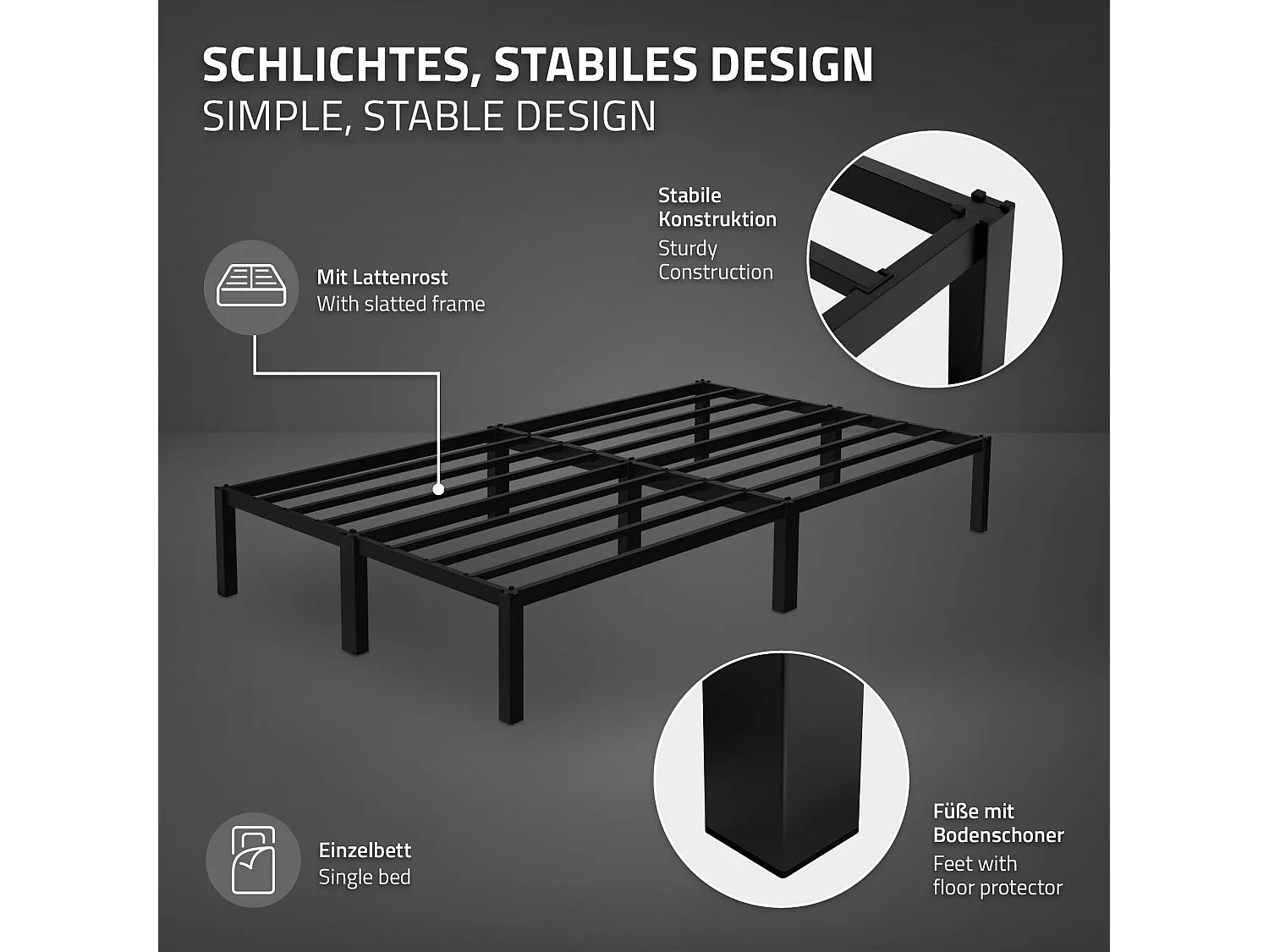 Letto in metallo telaio in acciaio nero con materasso 16 cm a schiuma 120x200 cm
