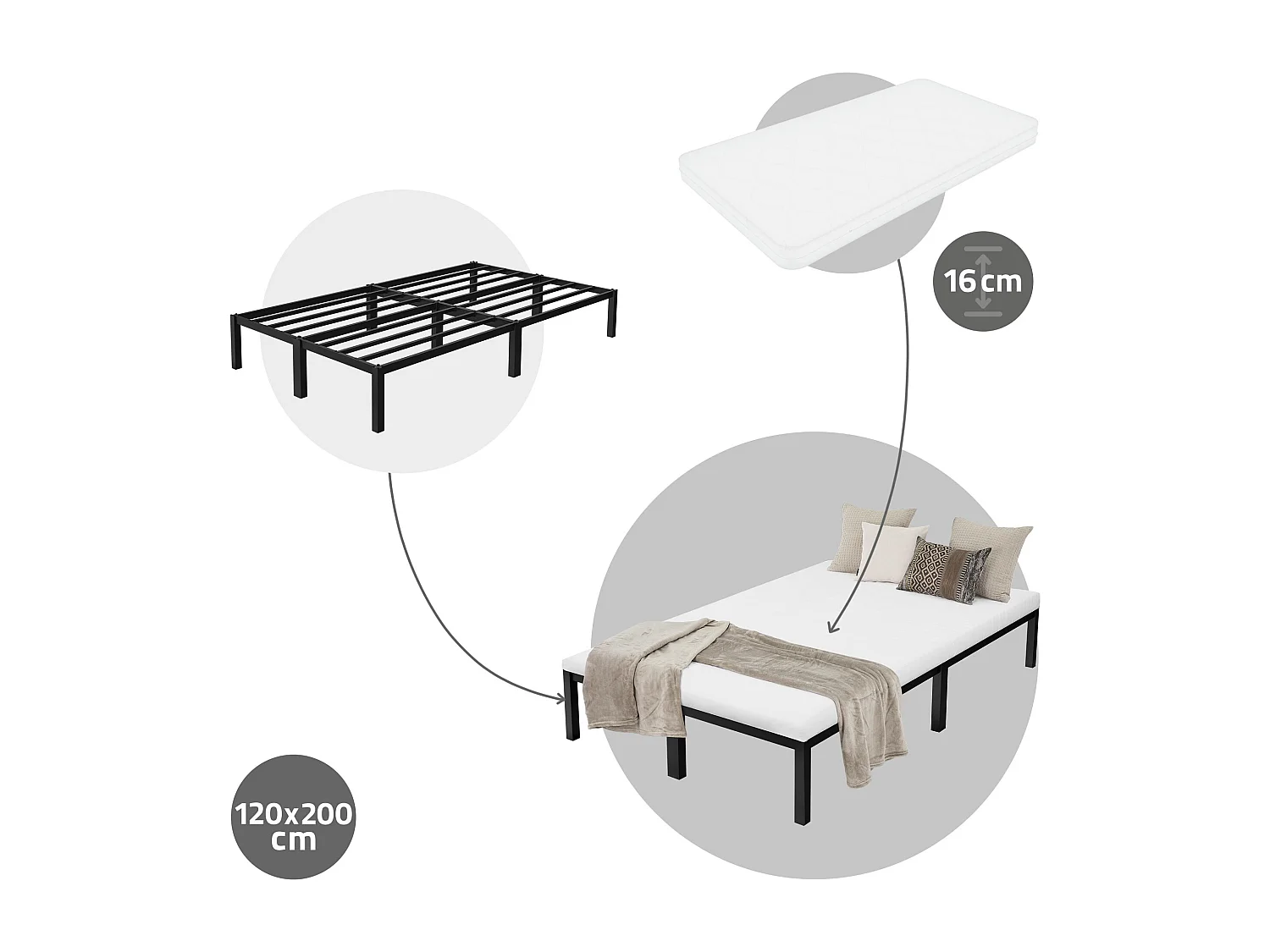 Letto in metallo telaio in acciaio nero con materasso 16 cm a schiuma 120x200 cm