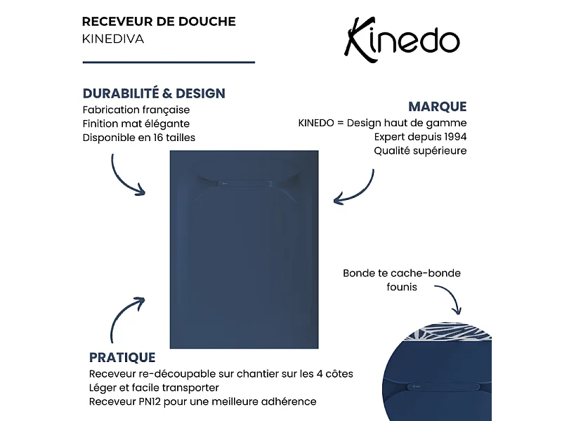 Receveur de douche KINEDO Kinediva extra-plat 180X100 Bleu marine
