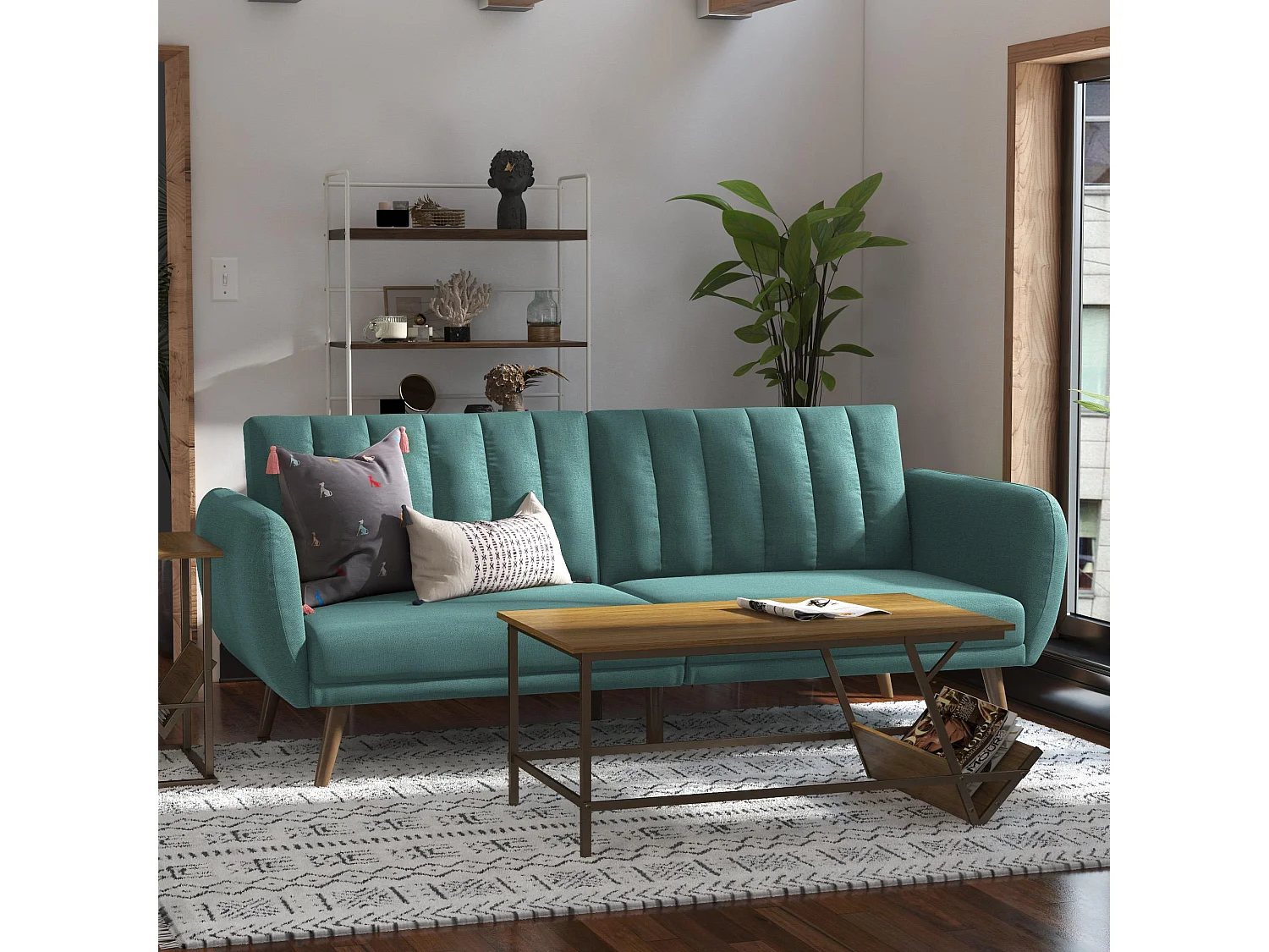 Brittany | Canapé 3 places convertible clic-clac en tissu bleu clair