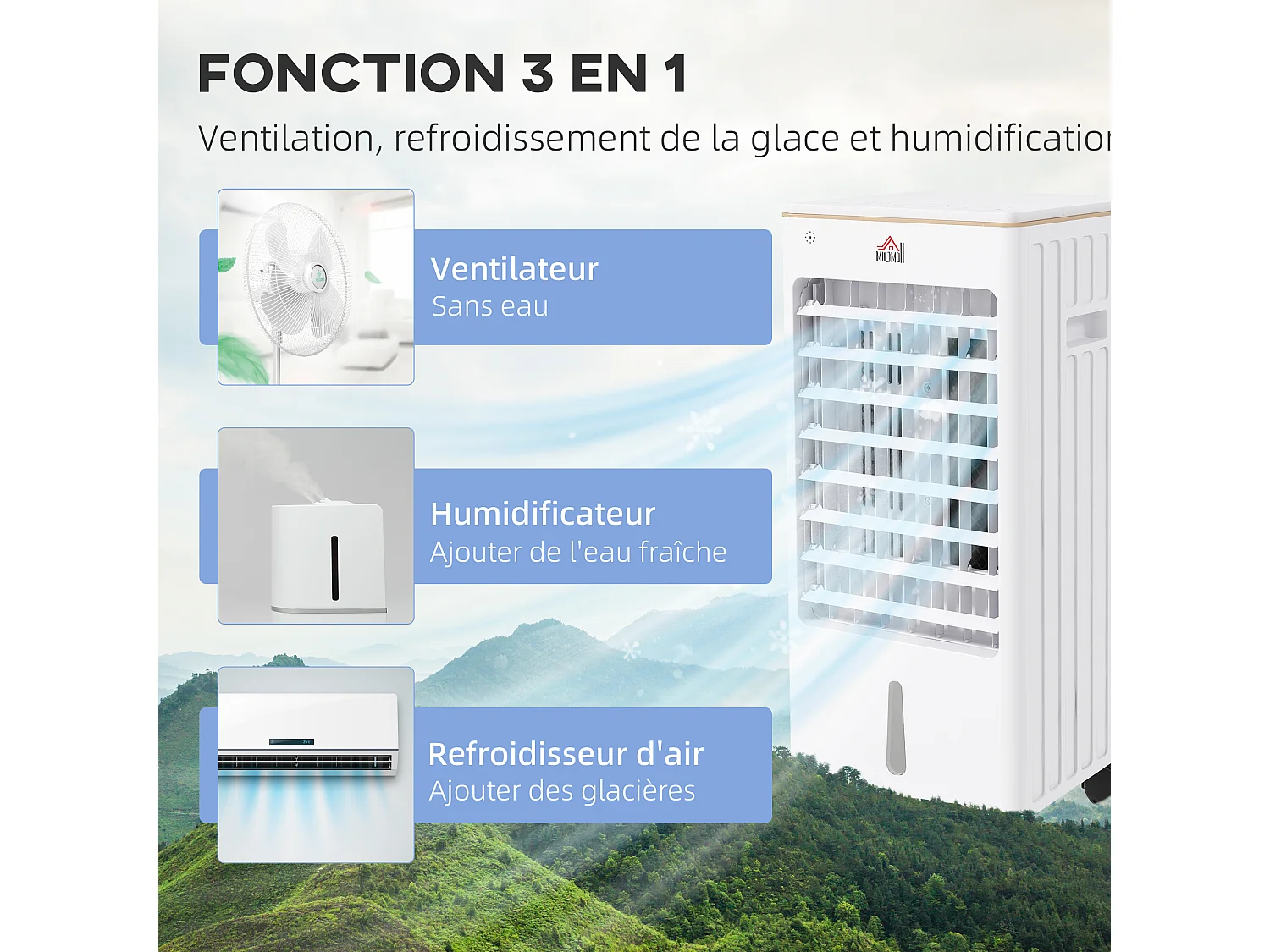 Refroidisseur d'air oscillant ventilateur humidificateur 3 en 1 - timer, télécommande, affichage LED - blanc