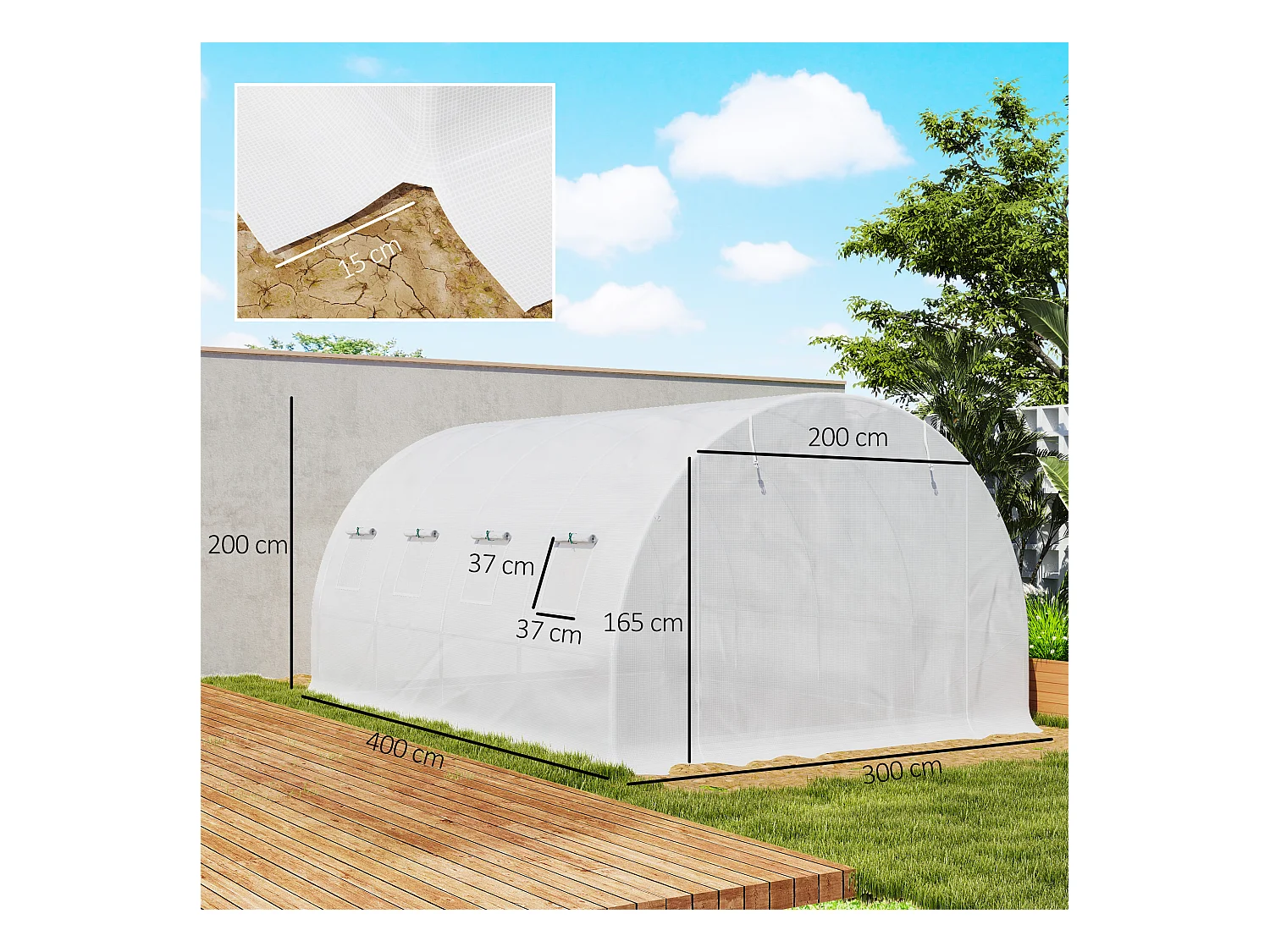 Bâche de rechange serre tunnel 12 m² - 4 x 3 x 2 m - 8 fenêtres, porte - PE haute densité blanc