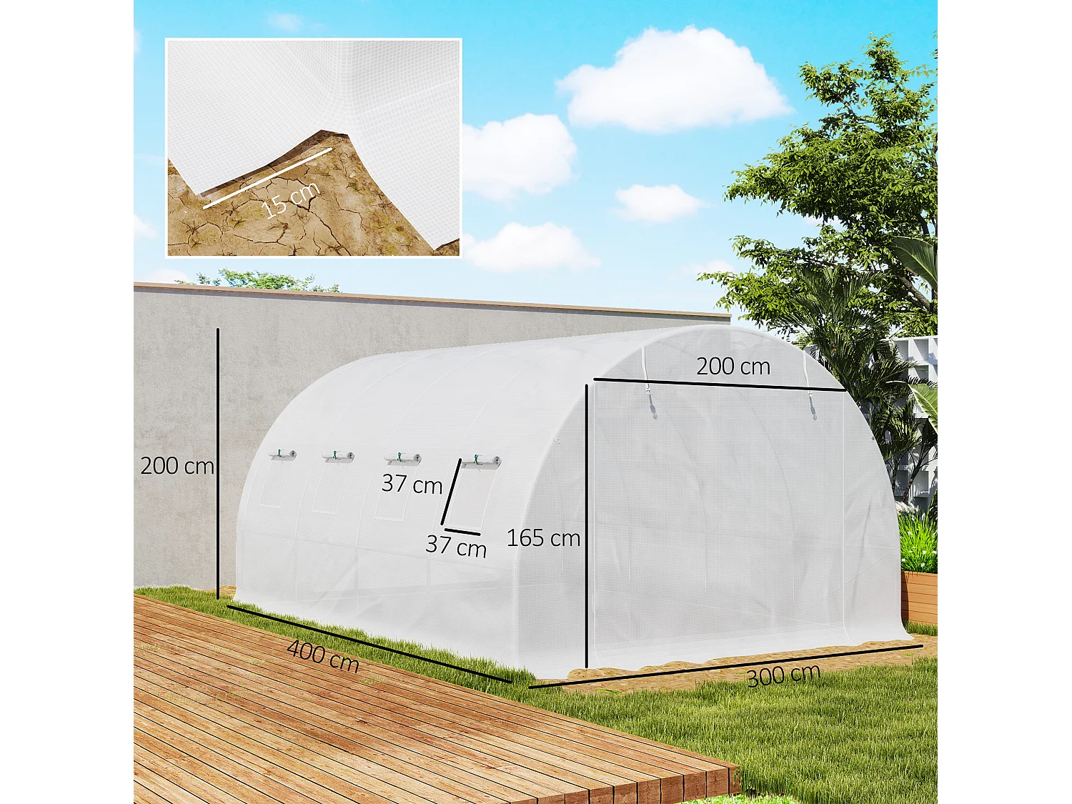 Bâche de rechange serre tunnel 12 m² - 4 x 3 x 2 m - 8 fenêtres, porte - PE haute densité blanc