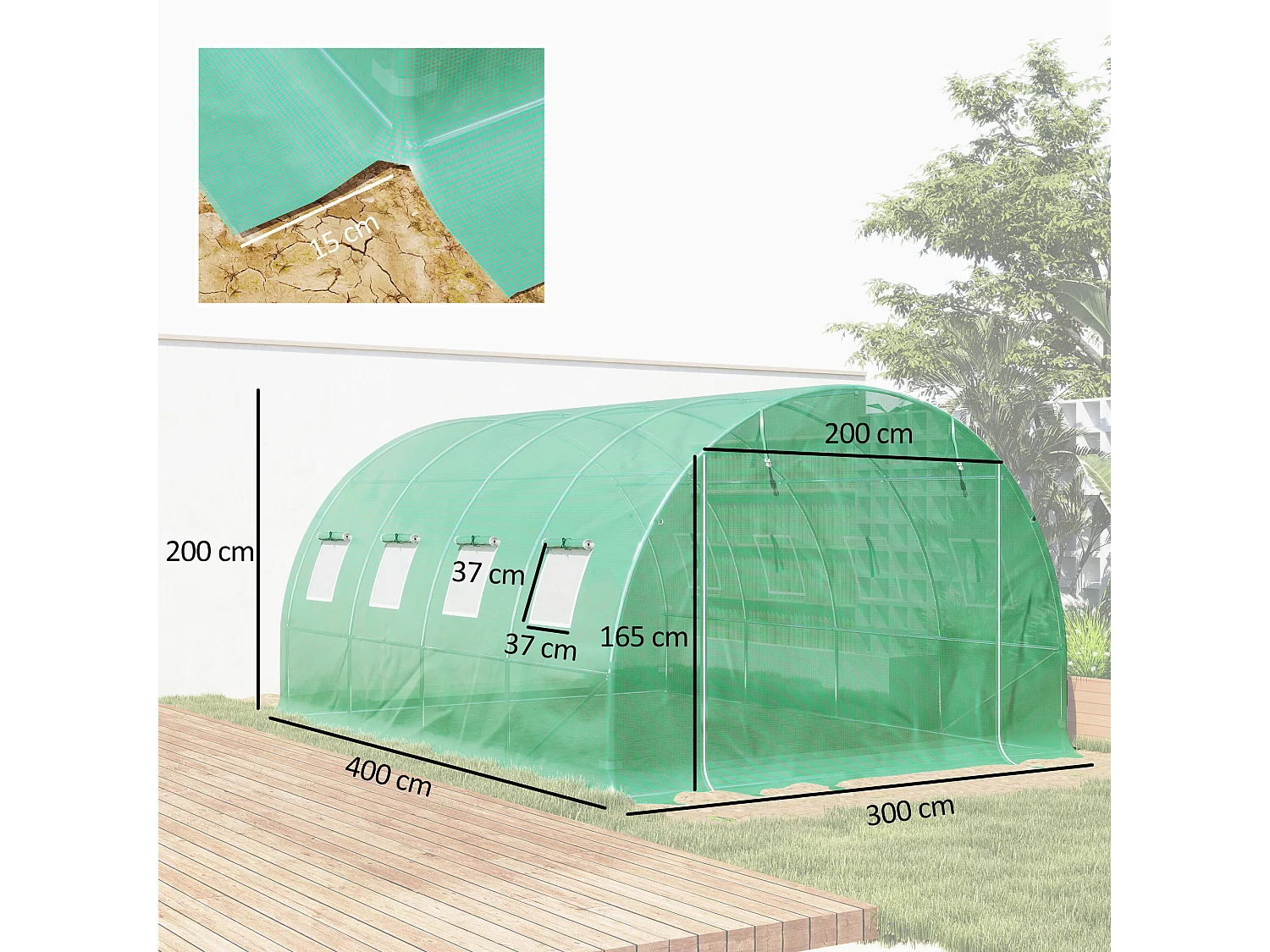 Bâche de rechange serre tunnel 12 m² - 4 x 3 x 2 m - 8 fenêtres, porte - PE haute densité vert