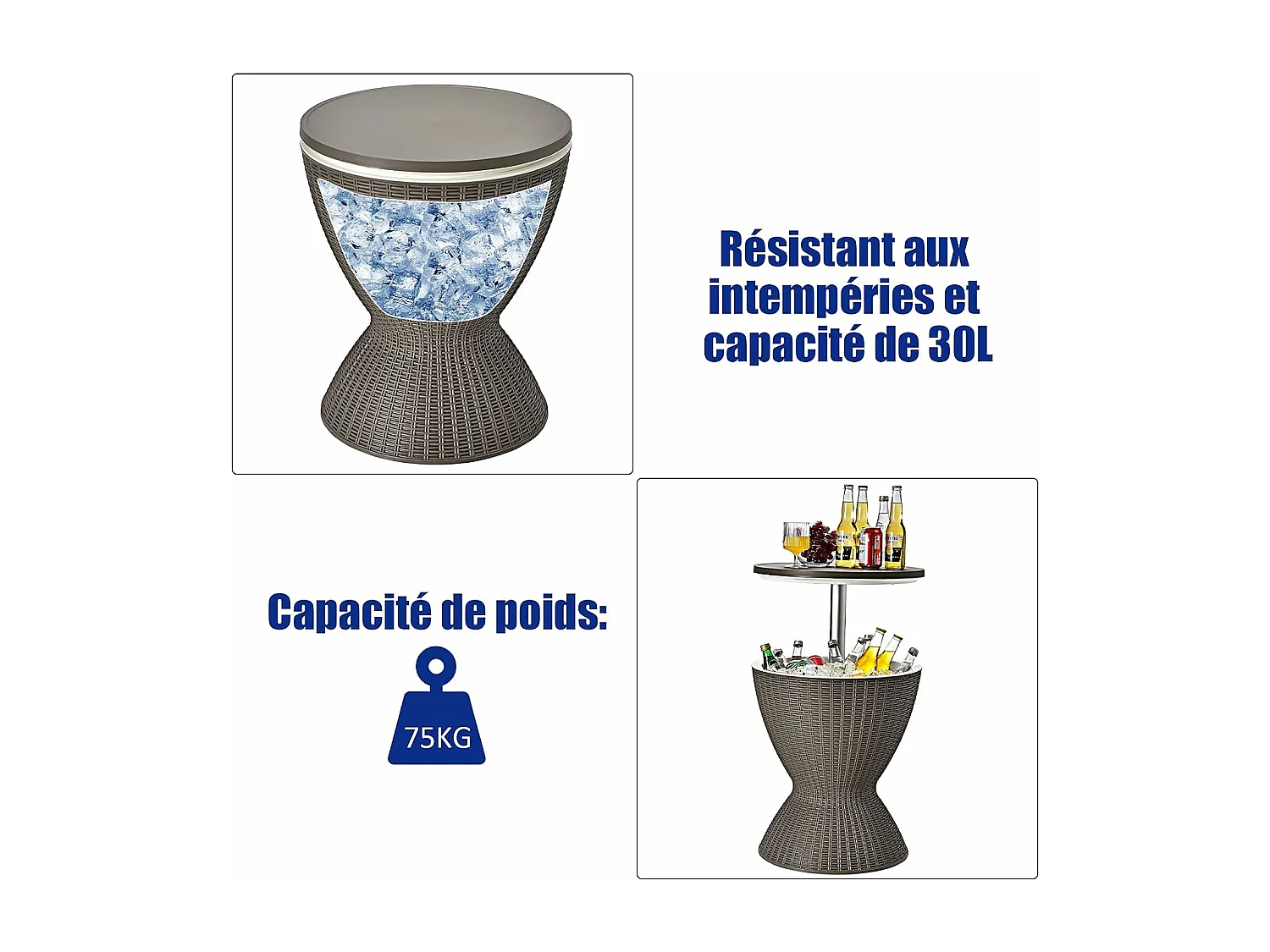 Table Glacière 30L pour Jardin 2 en 1 avec Plateau Relevable, Seau à Glace Imitation Rotin et fibre naturelle, Ø 43 x 57,5-82 cm (Brun)