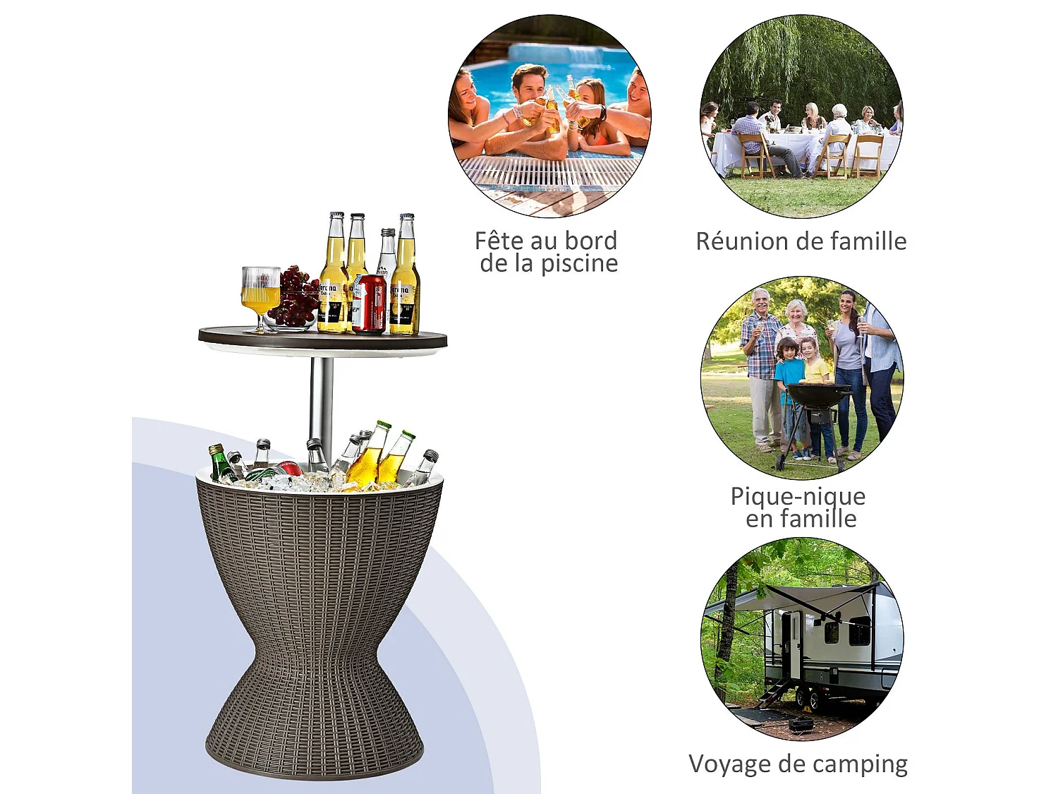 Table Glacière 30L pour Jardin 2 en 1 avec Plateau Relevable, Seau à Glace Imitation Rotin et fibre naturelle, Ø 43 x 57,5-82 cm (Brun)