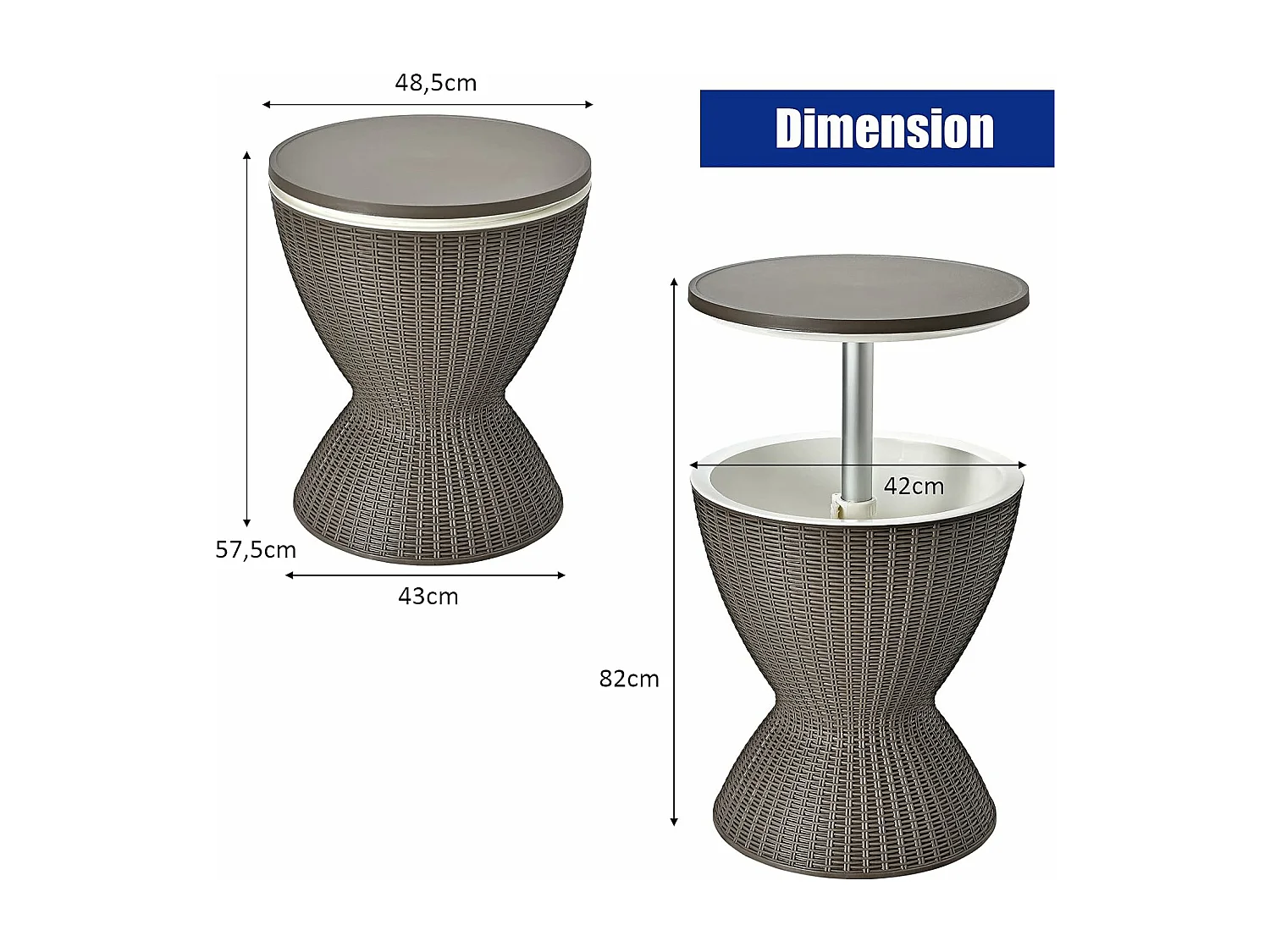 Table Glacière 30L pour Jardin 2 en 1 avec Plateau Relevable, Seau à Glace Imitation Rotin et fibre naturelle, Ø 43 x 57,5-82 cm (Brun)