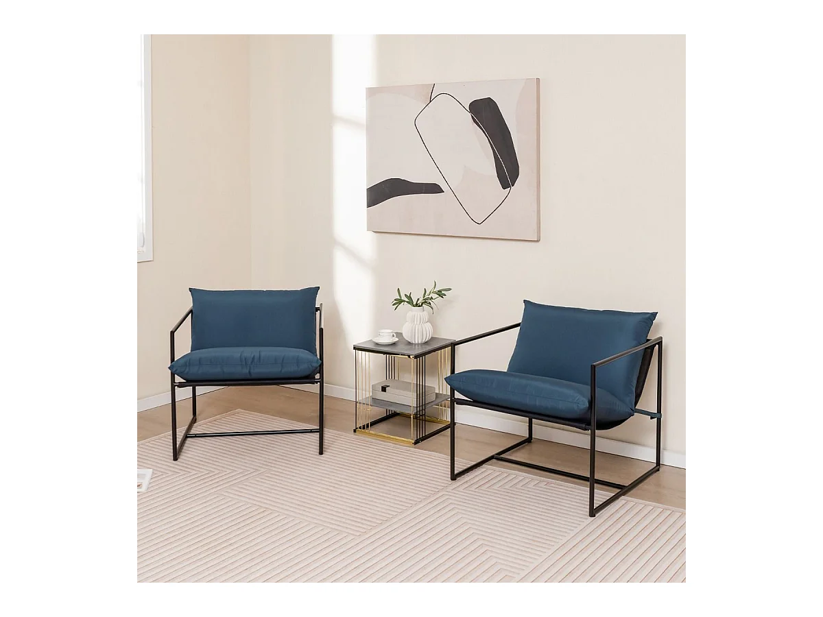 Lot de 2 Fauteuils de Salon, Fauteuil d’Appoint avec Cadre en Métal et Coussin Épais, Fauteuil Relaxant Moderne et Simple, Charge 150 KG (Bleu Marine)