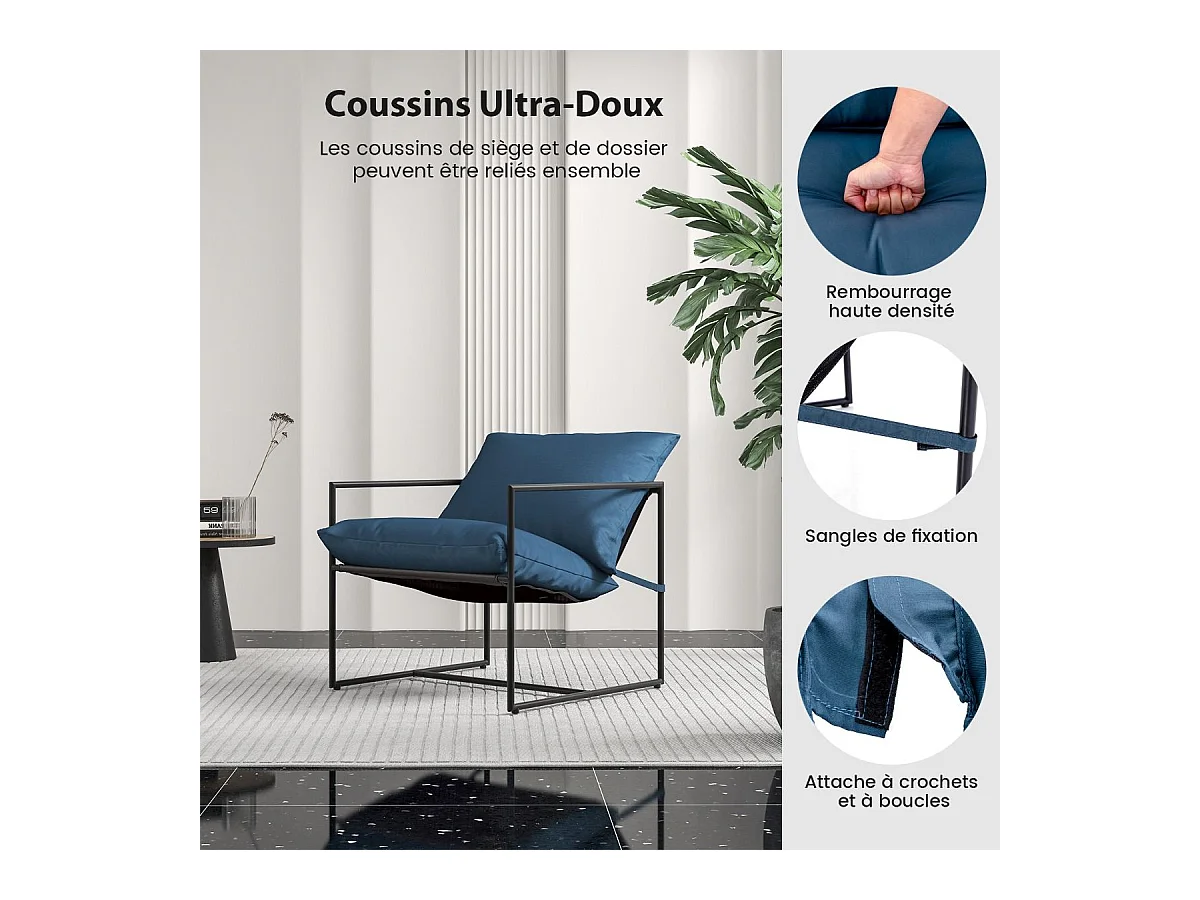 Lot de 2 Fauteuils de Salon, Fauteuil d’Appoint avec Cadre en Métal et Coussin Épais, Fauteuil Relaxant Moderne et Simple, Charge 150 KG (Bleu Marine)