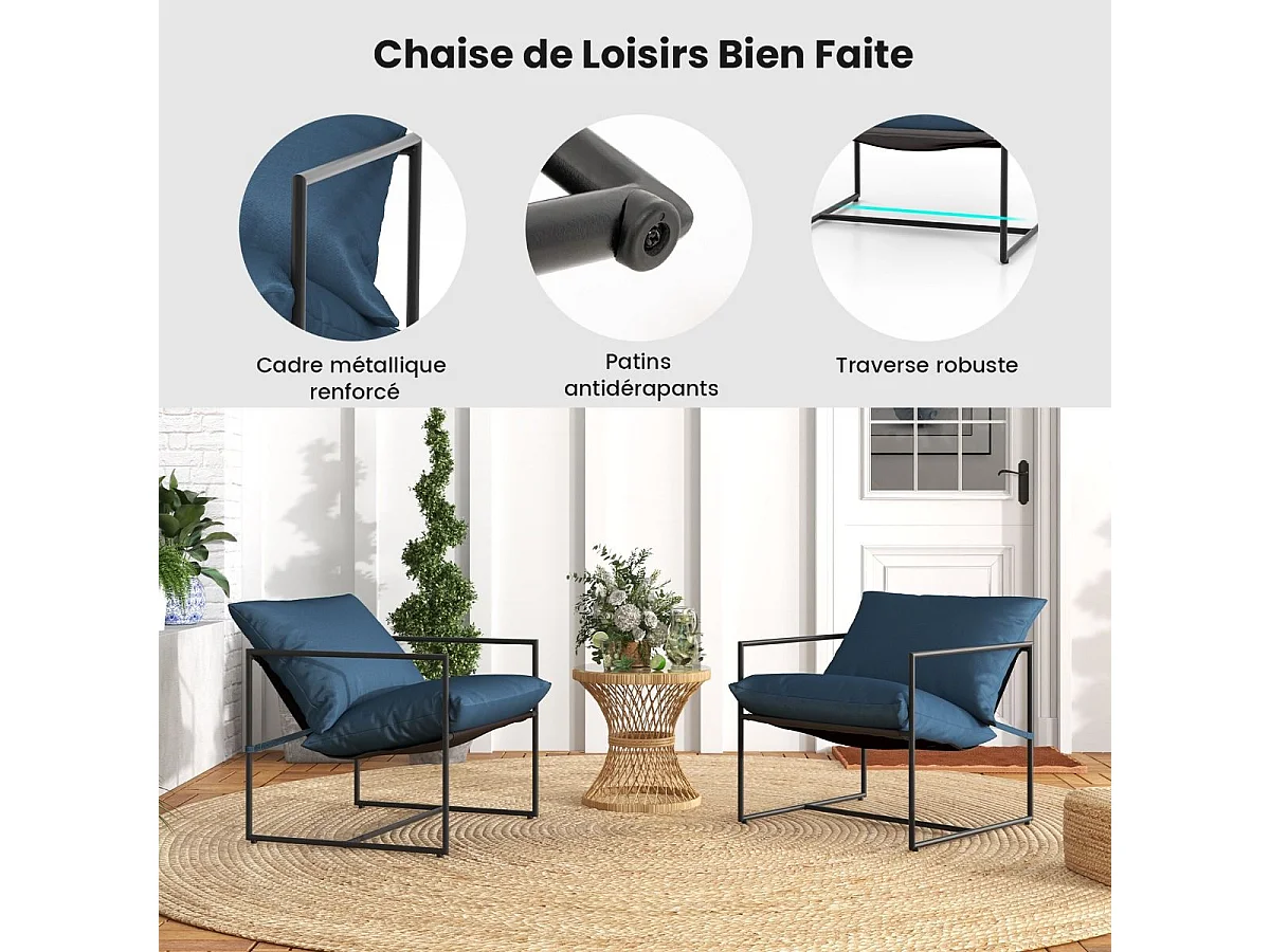 Lot de 2 Fauteuils de Salon, Fauteuil d’Appoint avec Cadre en Métal et Coussin Épais, Fauteuil Relaxant Moderne et Simple, Charge 150 KG (Bleu Marine)