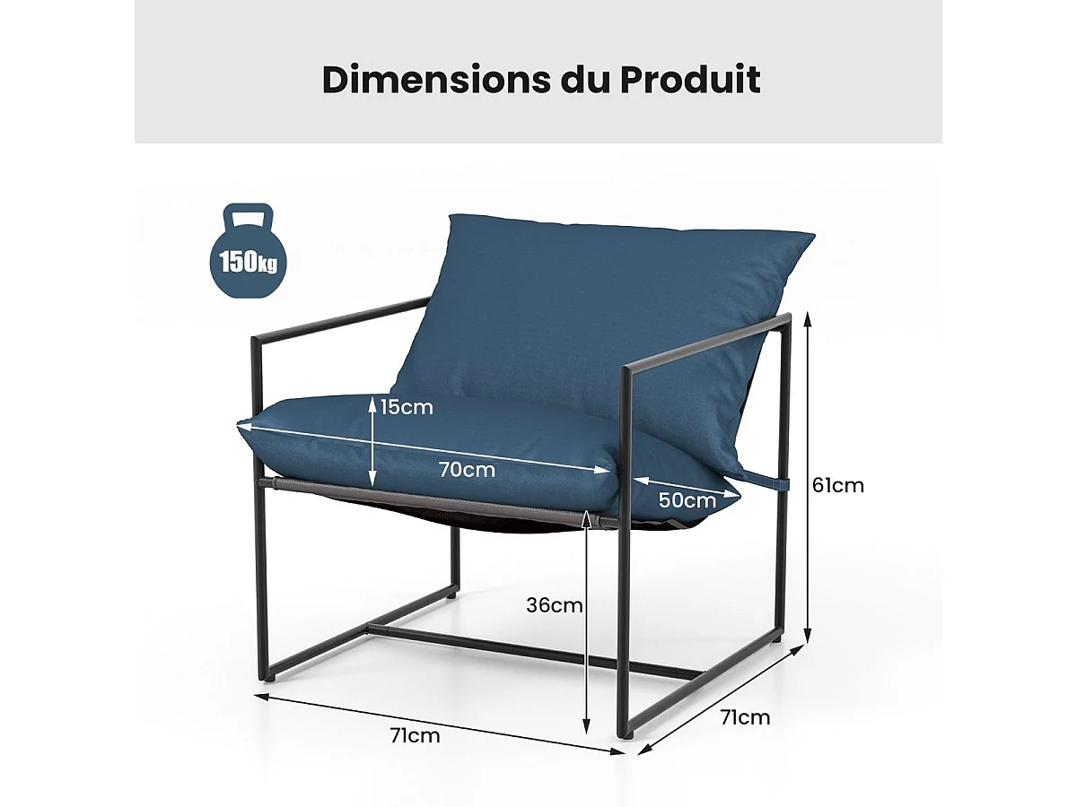 Lot de 2 Fauteuils de Salon, Fauteuil d’Appoint avec Cadre en Métal et Coussin Épais, Fauteuil Relaxant Moderne et Simple, Charge 150 KG (Bleu Marine)