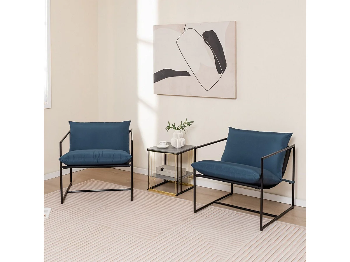 Lot de 2 Fauteuils de Salon, Fauteuil d’Appoint avec Cadre en Métal et Coussin Épais, Fauteuil Relaxant Moderne et Simple, Charge 150 KG (Bleu Marine)