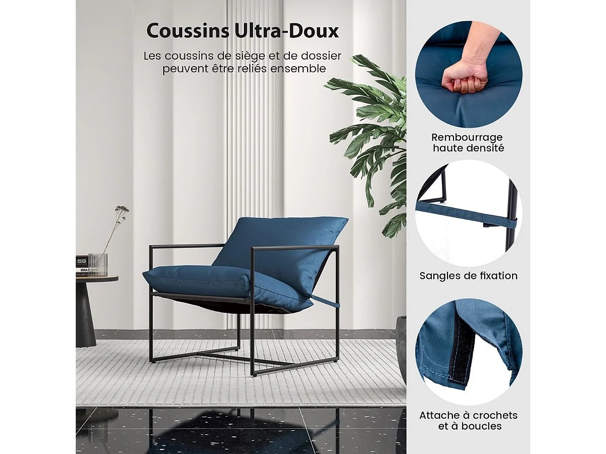 Lot de 2 Fauteuils de Salon, Fauteuil d’Appoint avec Cadre en Métal et Coussin Épais, Fauteuil Relaxant Moderne et Simple, Charge 150 KG (Bleu Marine)