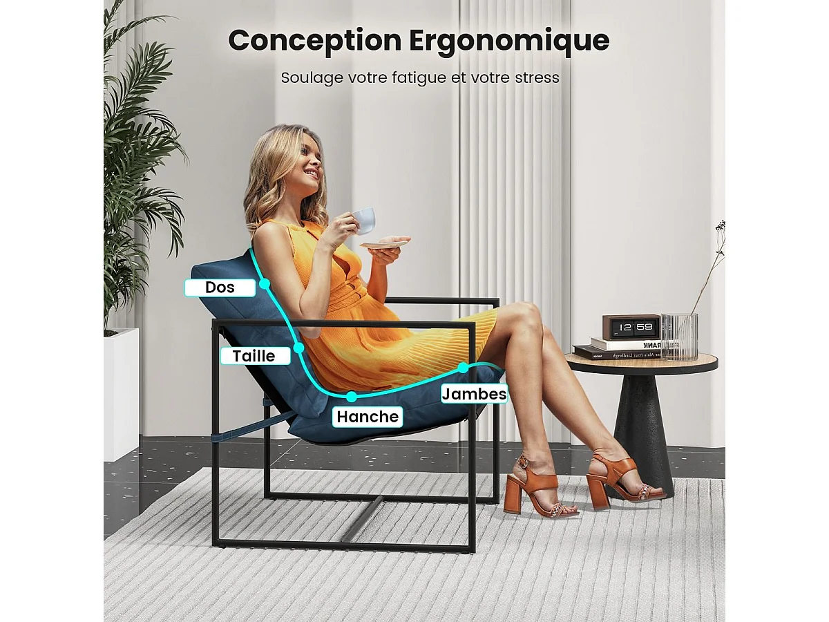 Lot de 2 Fauteuils de Salon, Fauteuil d’Appoint avec Cadre en Métal et Coussin Épais, Fauteuil Relaxant Moderne et Simple, Charge 150 KG (Bleu Marine)