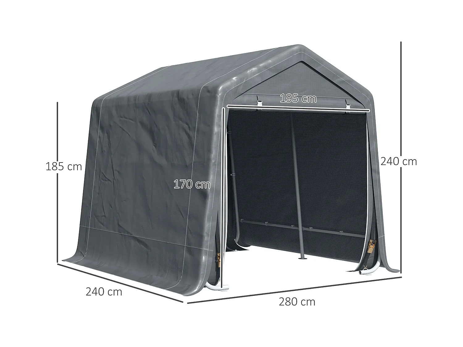 Abri de jardin - tente de stockage - abri de vélo - 2 portes zippées - dim. 280L x 240l x 240H cm - métal PE gris