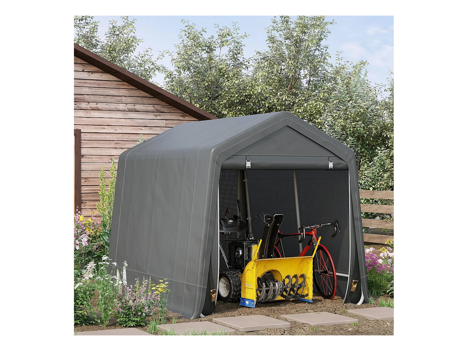 Abri de jardin - tente de stockage - abri de vélo - 2 portes zippées - dim. 280L x 240l x 240H cm - métal PE gris